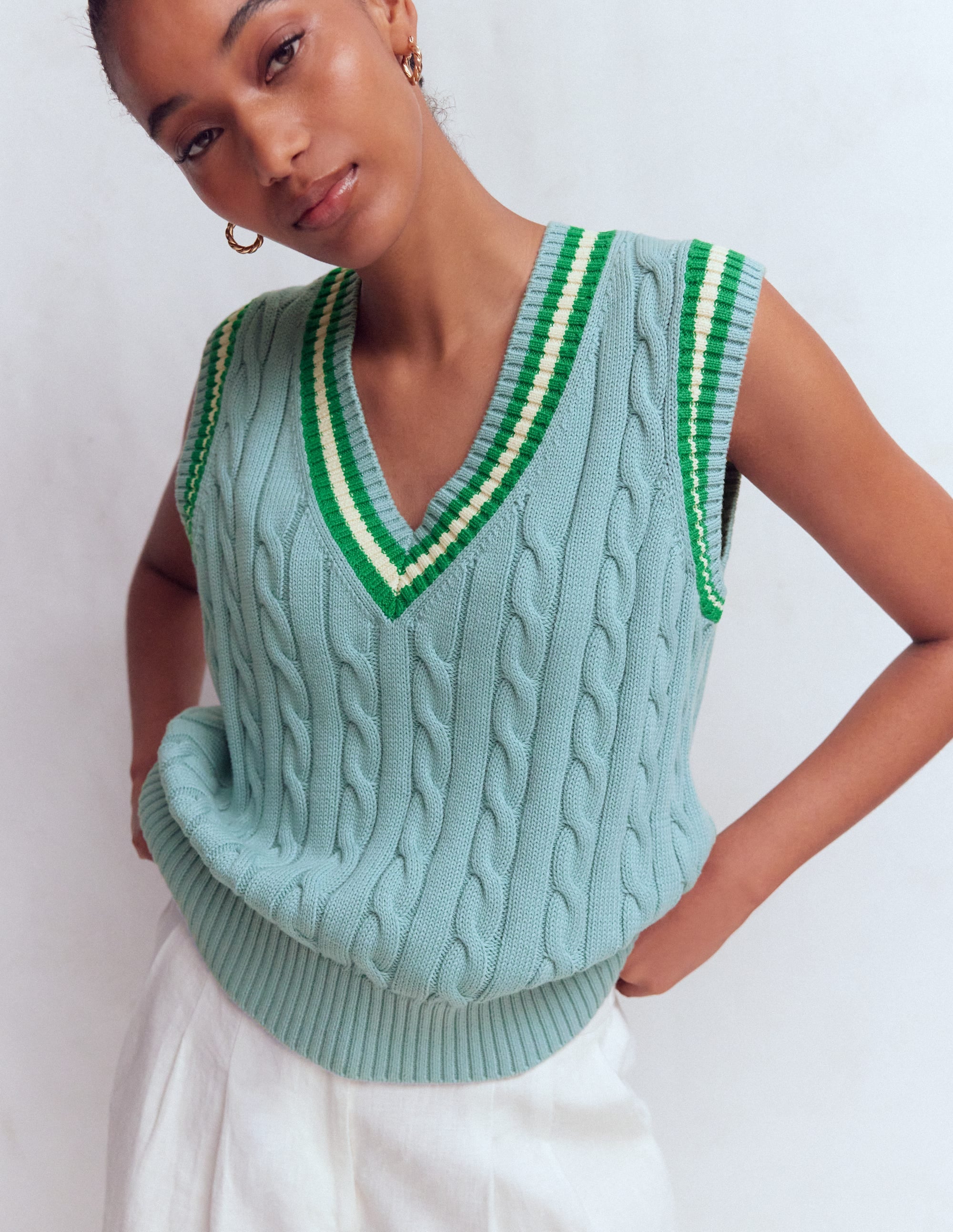 Cable V Neck Tank-Blue, Green - Image 5
