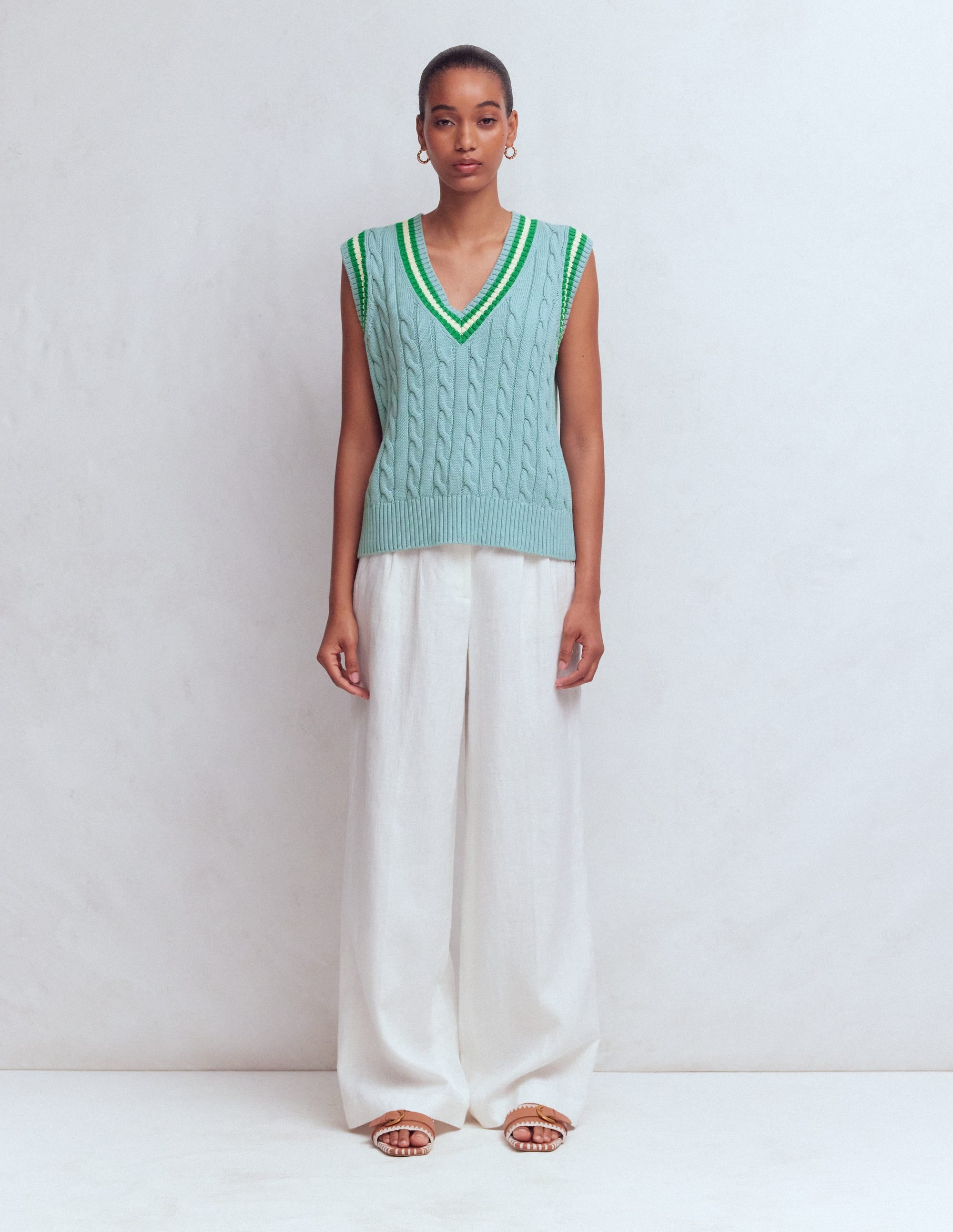 Cable V Neck Tank-Blue, Green - Image 7