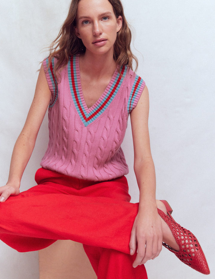 Maeve Cable V Neck Tank-Pink, Red