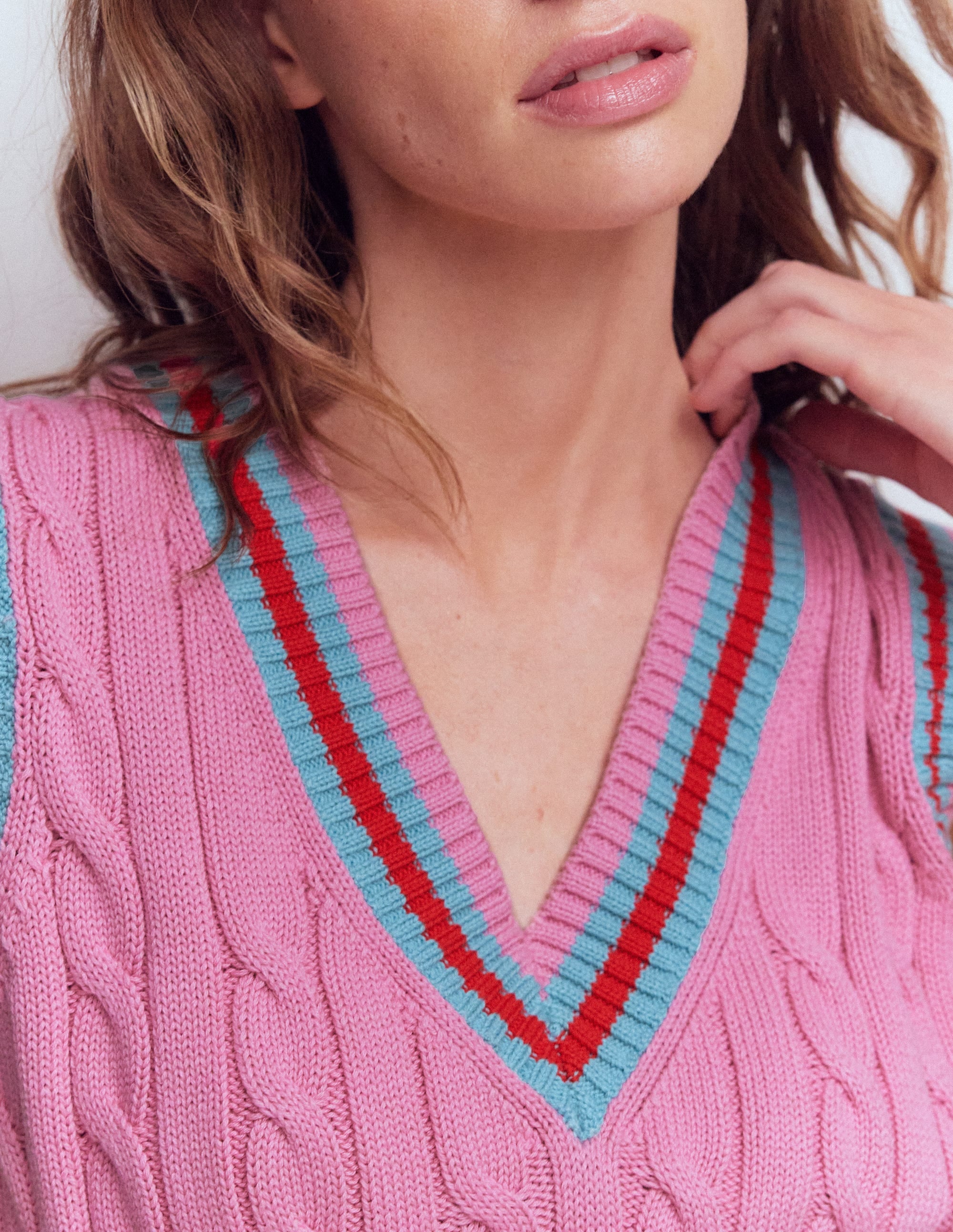 Cable V Neck Tank-Pink, Red - Image 2