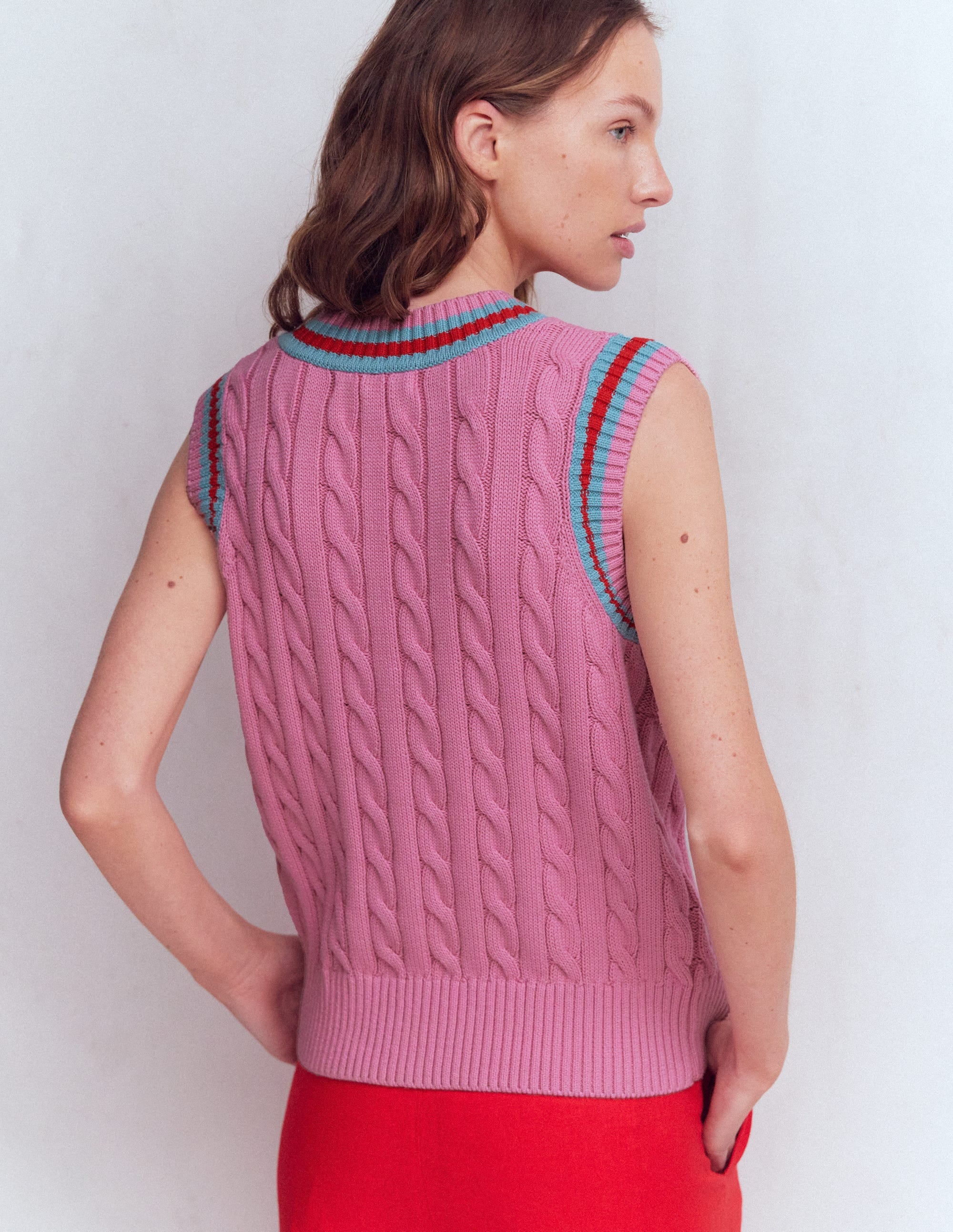 Cable V Neck Tank-Pink, Red - Image 3