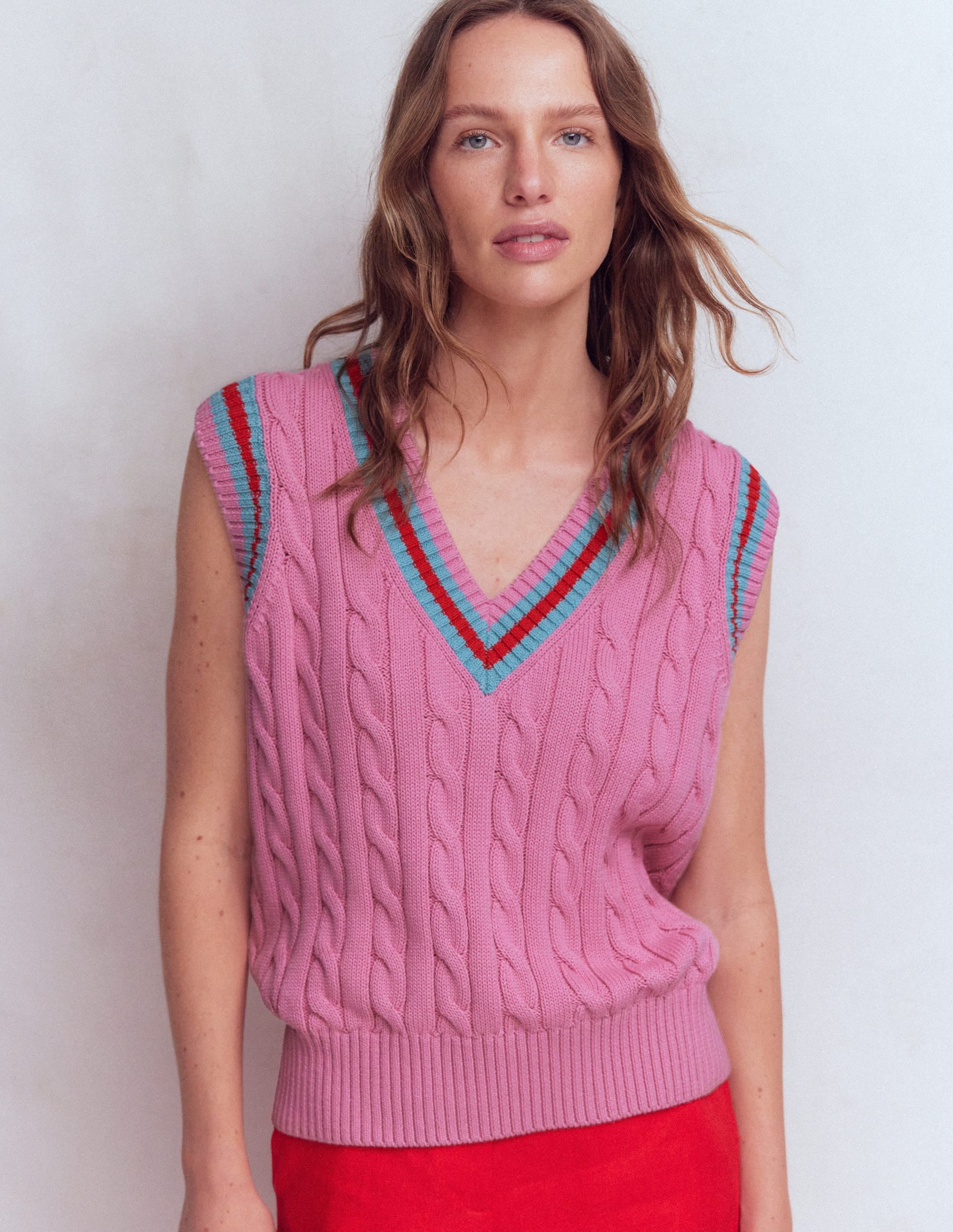 Cable V Neck Tank-Pink, Red - Image 5