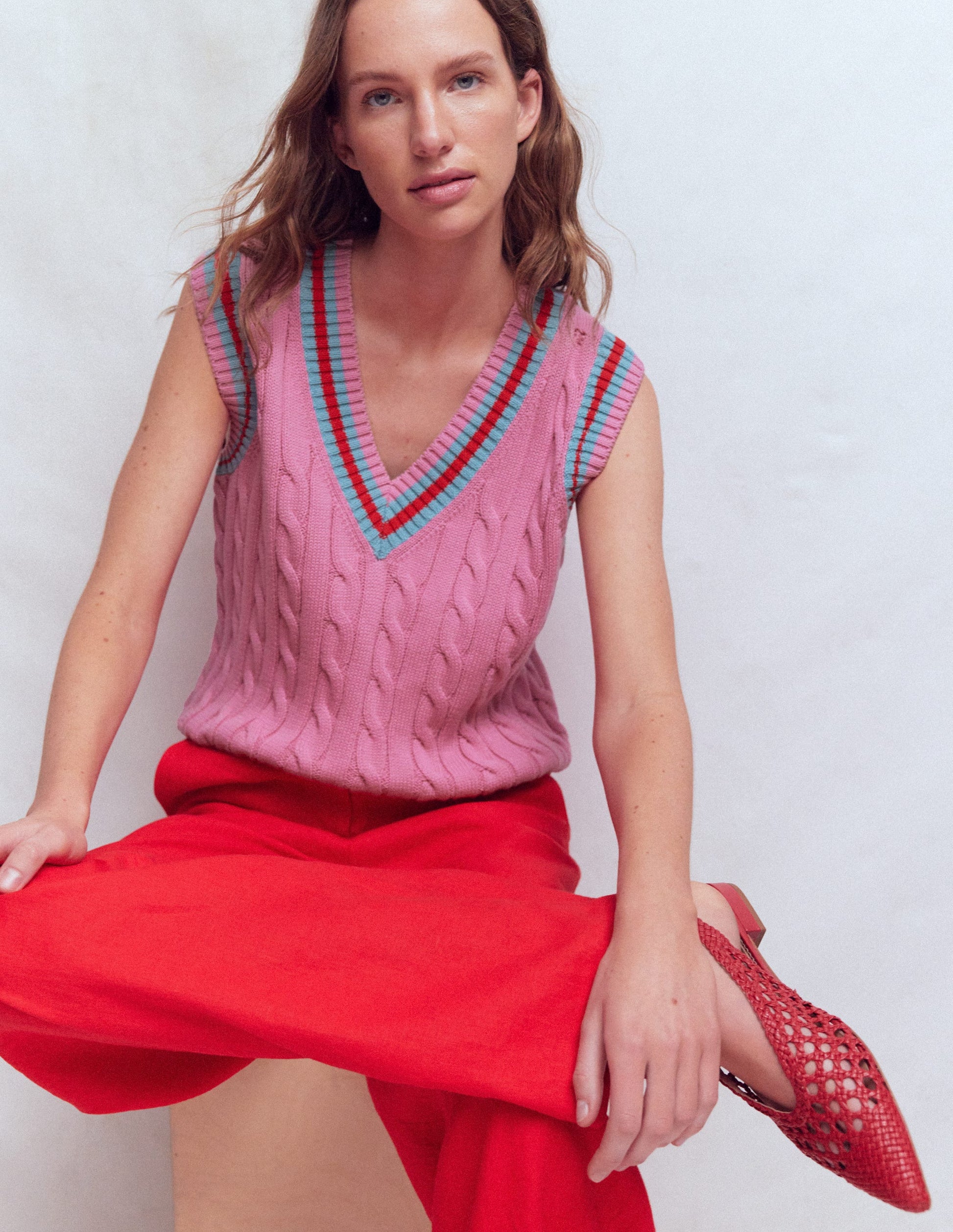 Maeve Cable V Neck Tank-Pink, Red-6