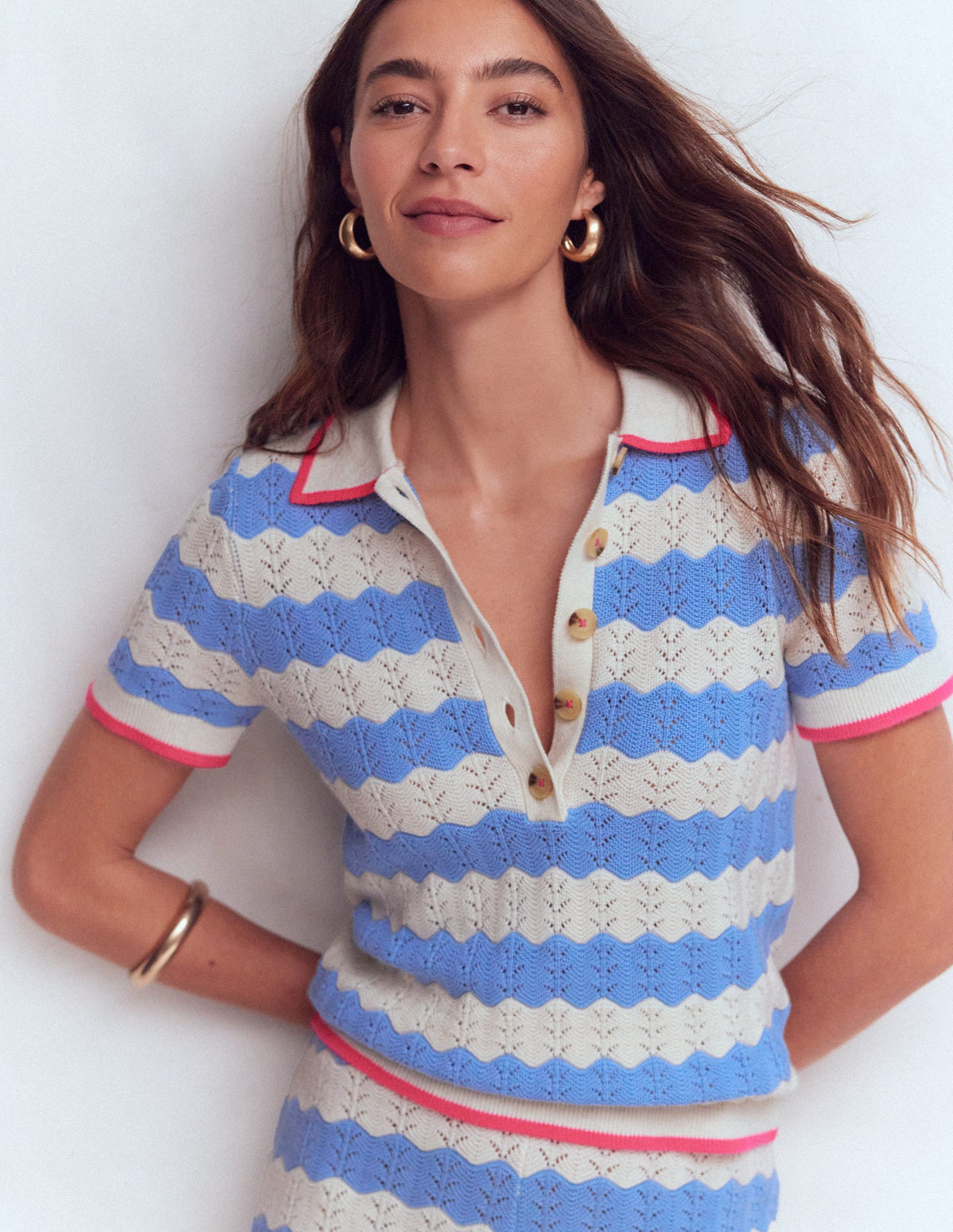 Pointelle Henley T-shirt-Blue, White - Image 1