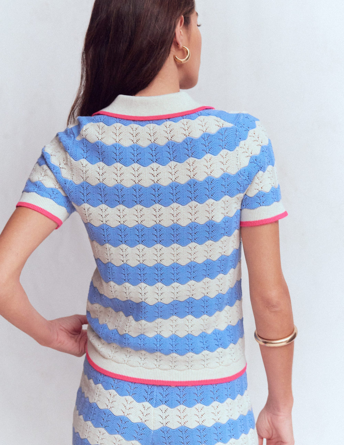 Pointelle Henley T-shirt-Blue, White - Image 3