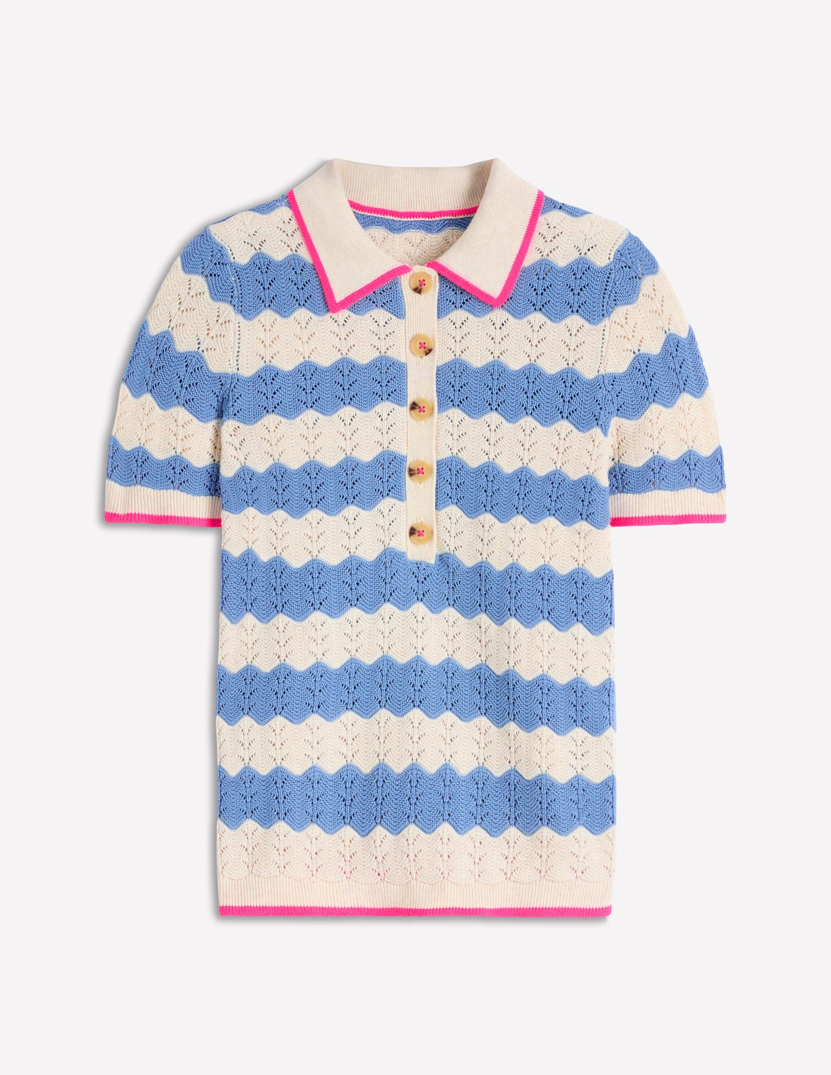 Pointelle Henley T-shirt-Blue, White - Image 6