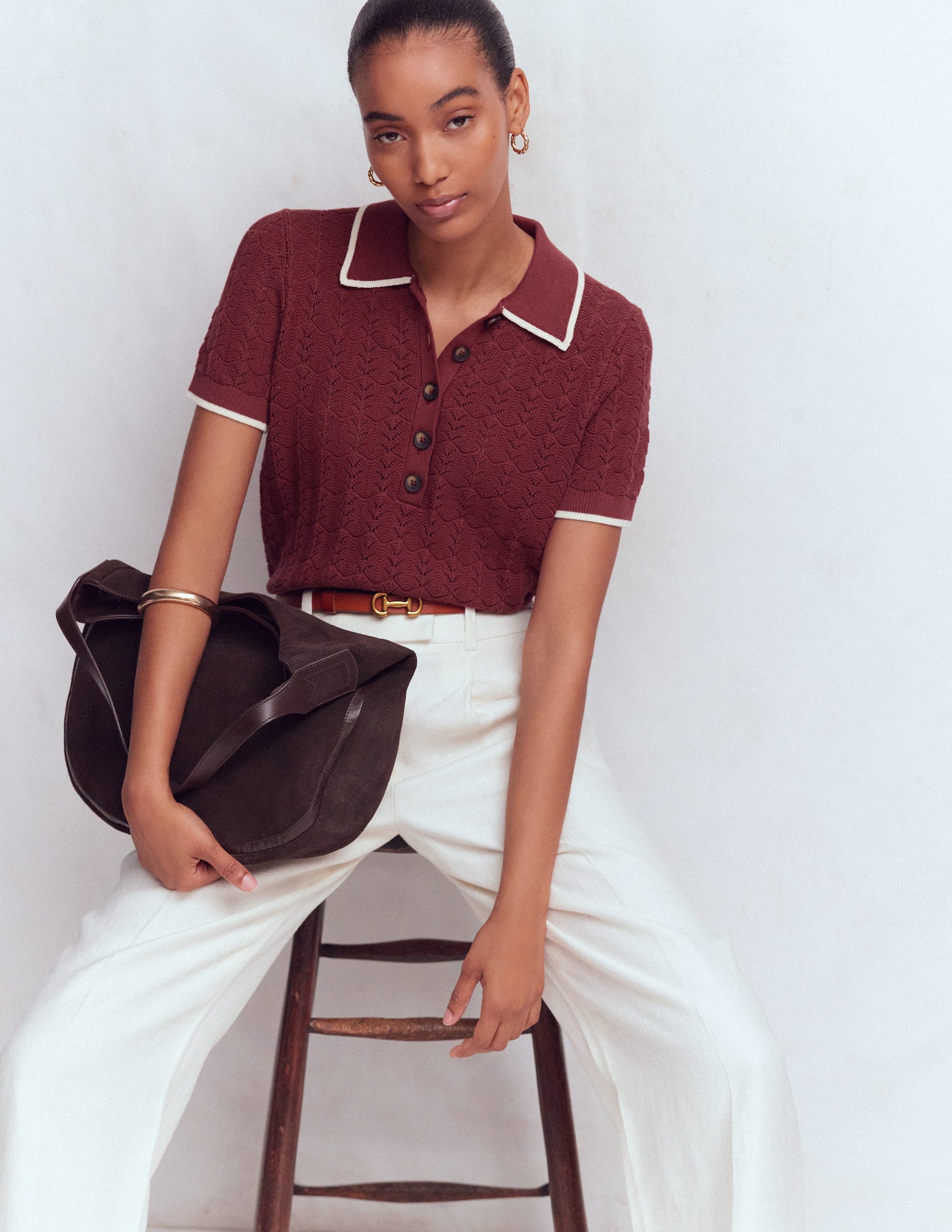 Pointelle Henley T-shirt-Rich Chestnut-1