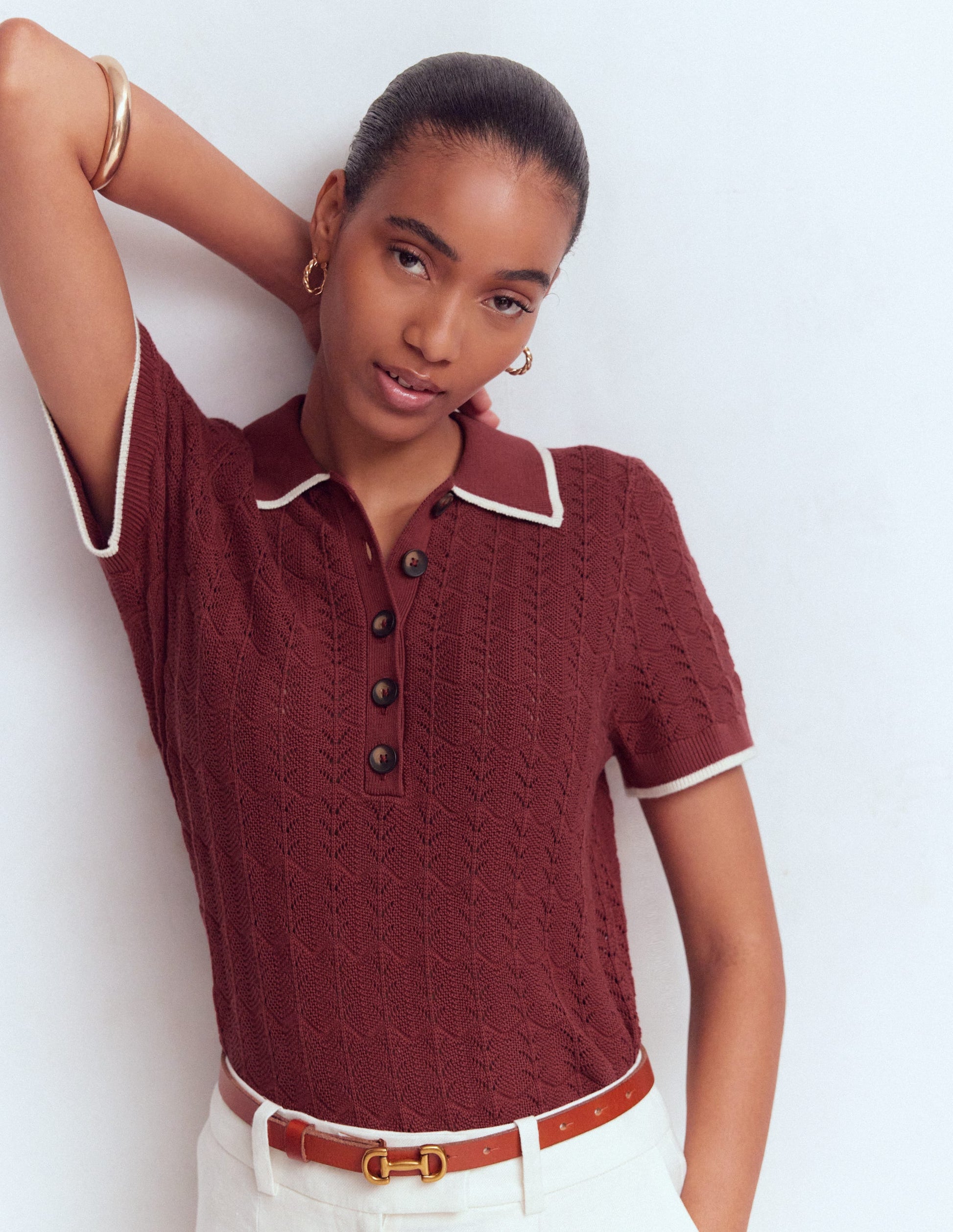 Pointelle Henley T-shirt-Rich Chestnut-4