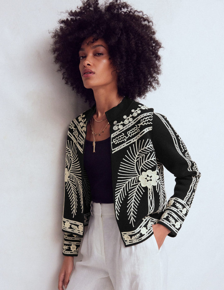 Elena Stand Neck Jacket-Black Embroidery