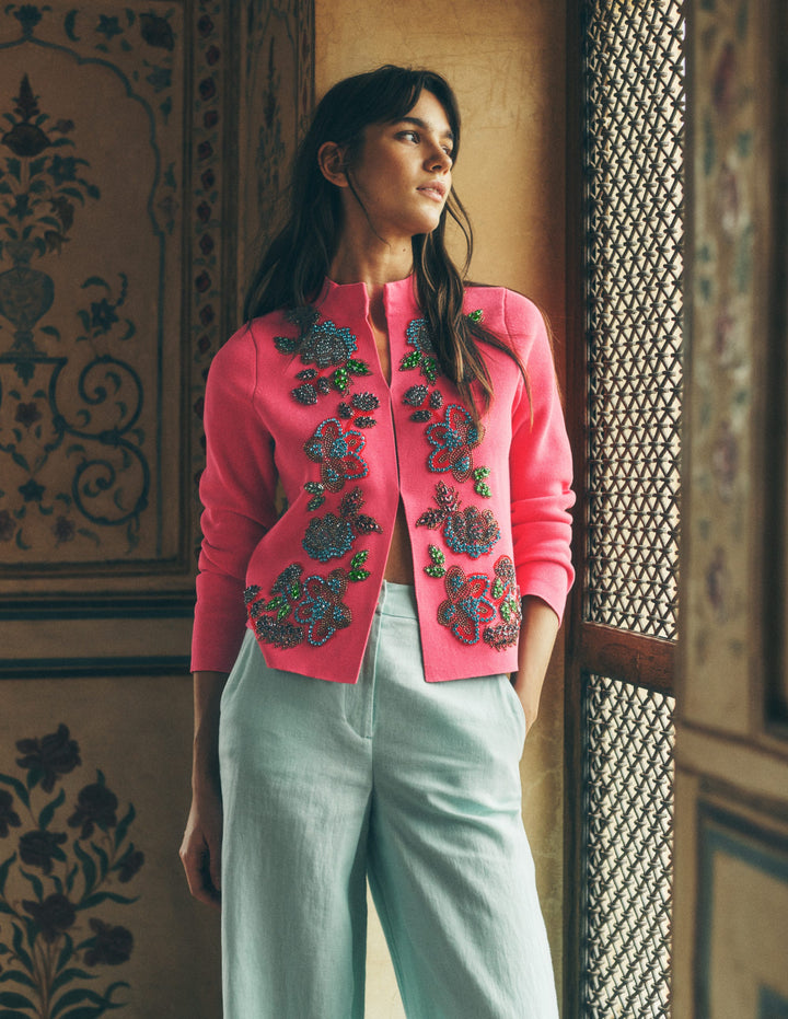 Elena Stand Neck Jacket-Pink Embroidery