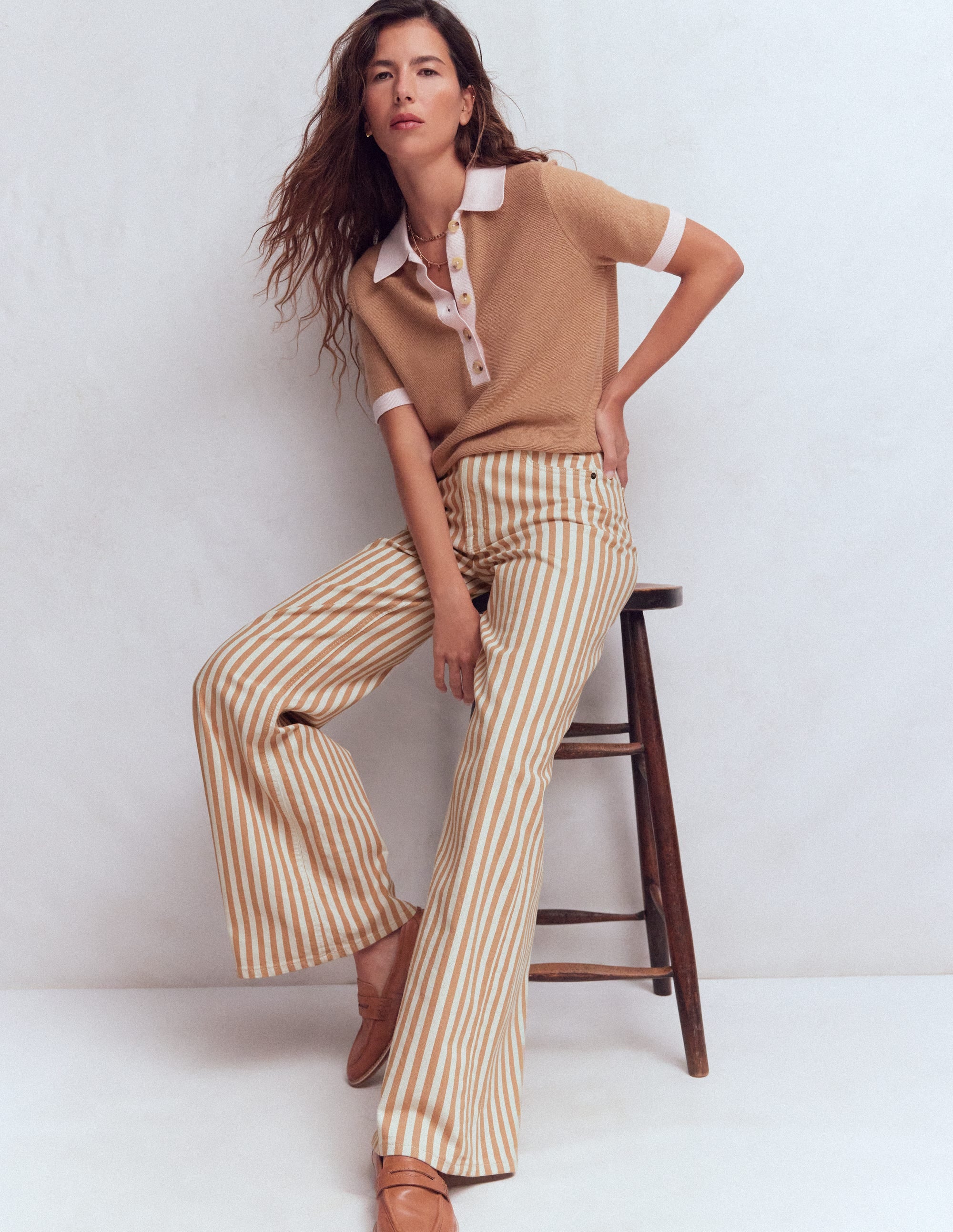 High Rise Wide Leg Jeans-Ecru Tan Stripe - Image 1