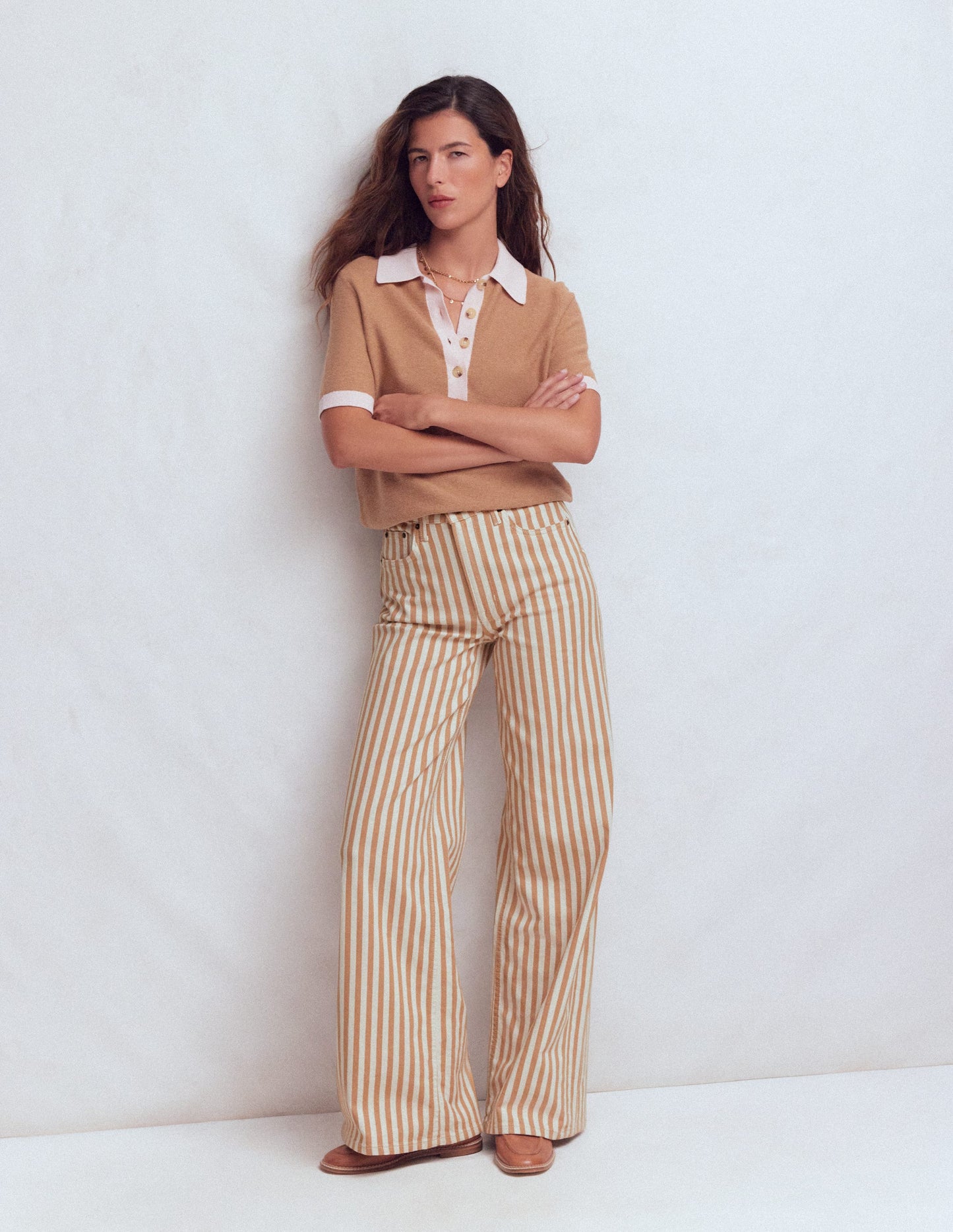 High Rise Wide Leg Jeans-Ecru Tan Stripe