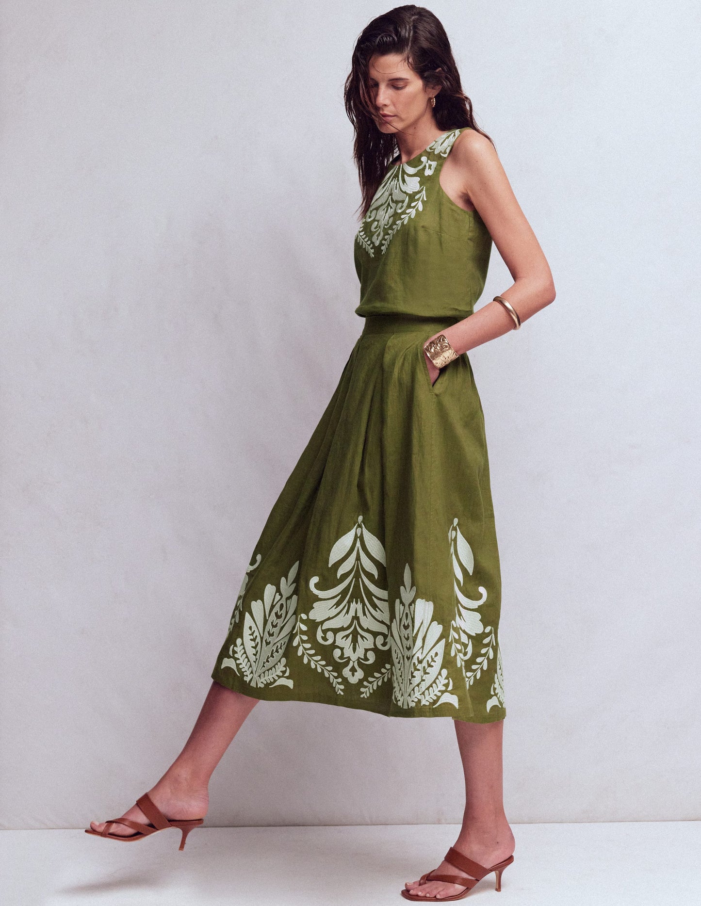 Verity Linen Midi Skirt-Woodland Green Embroidery