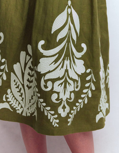 Verity Linen Midi Skirt-Woodland Green Embroidery-3