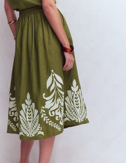 Verity Linen Midi Skirt-Woodland Green Embroidery-4