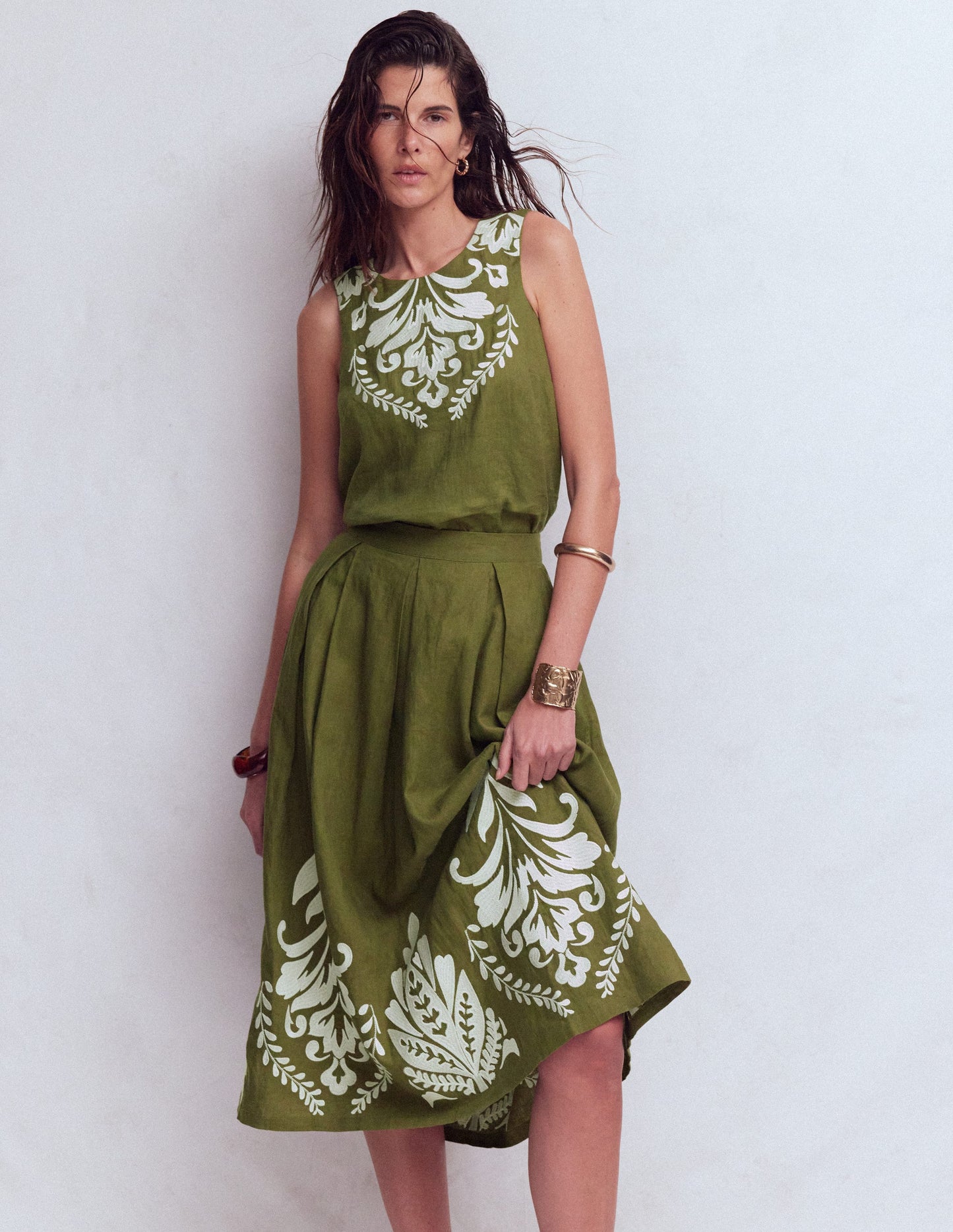 Verity Linen Midi Skirt-Woodland Green Embroidery