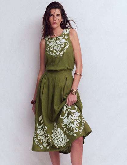 Verity Linen Midi Skirt-Woodland Green Embroidery-5