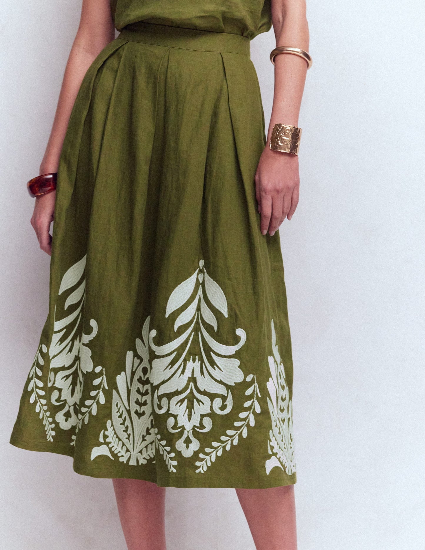 Verity Linen Midi Skirt-Woodland Green Embroidery