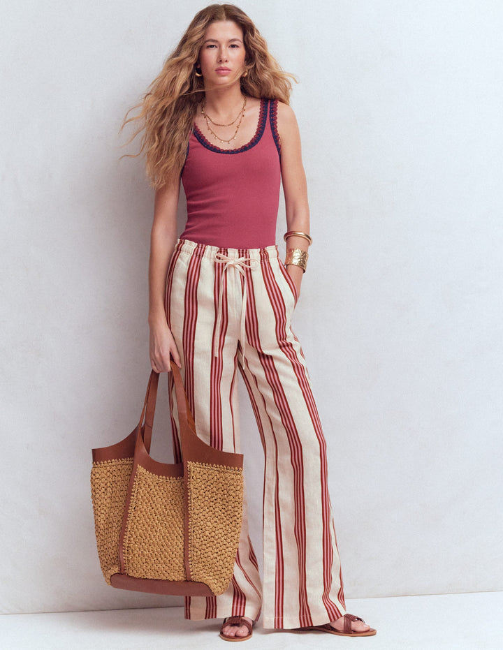 Islington Linen Trousers-Ivory, Brown & Pink Stripe