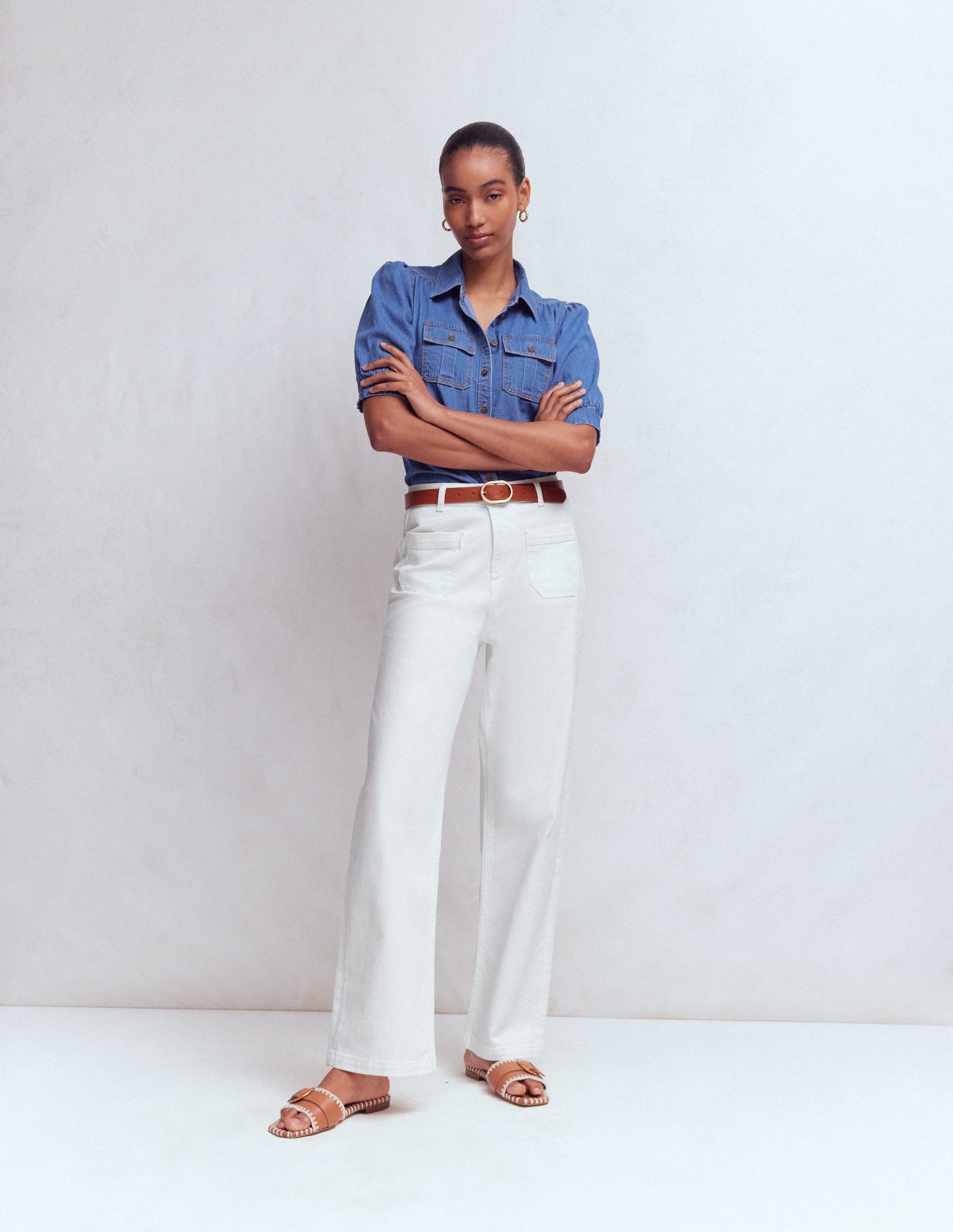 Straight Leg Pocket Jeans-White-1
