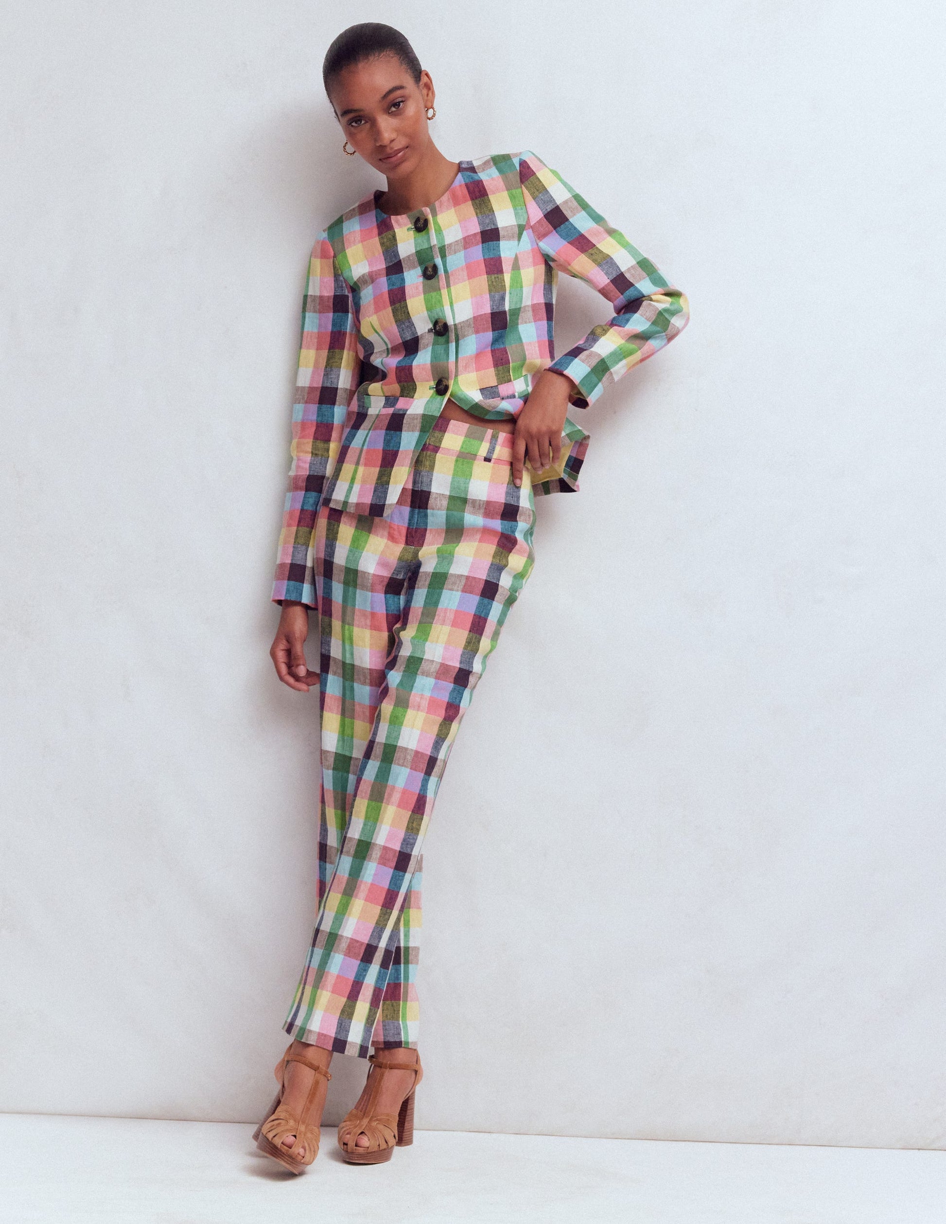 Canonbury 7/8 Linen Trousers-Soft Yellow, Pink Multigingham-1