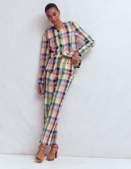 Canonbury 7/8 Linen Trousers-Soft Yellow, Pink Multigingham