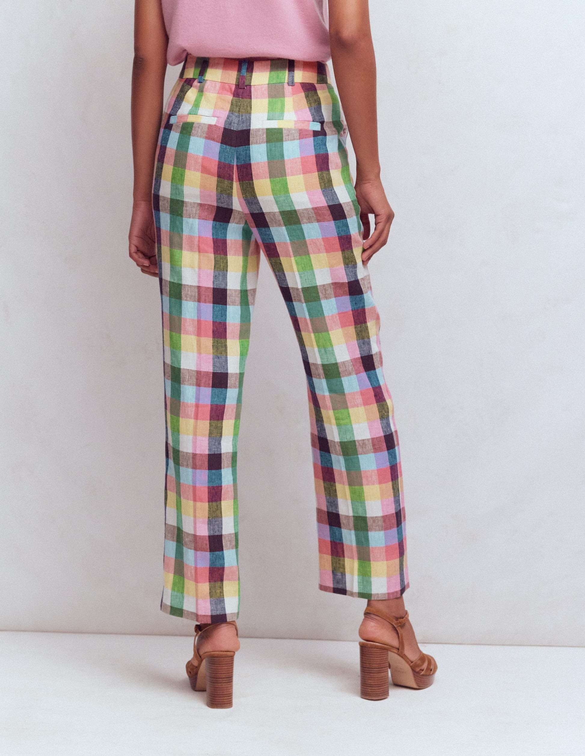 Canonbury 7/8 Linen Trousers-Soft Yellow, Pink Multigingham-3