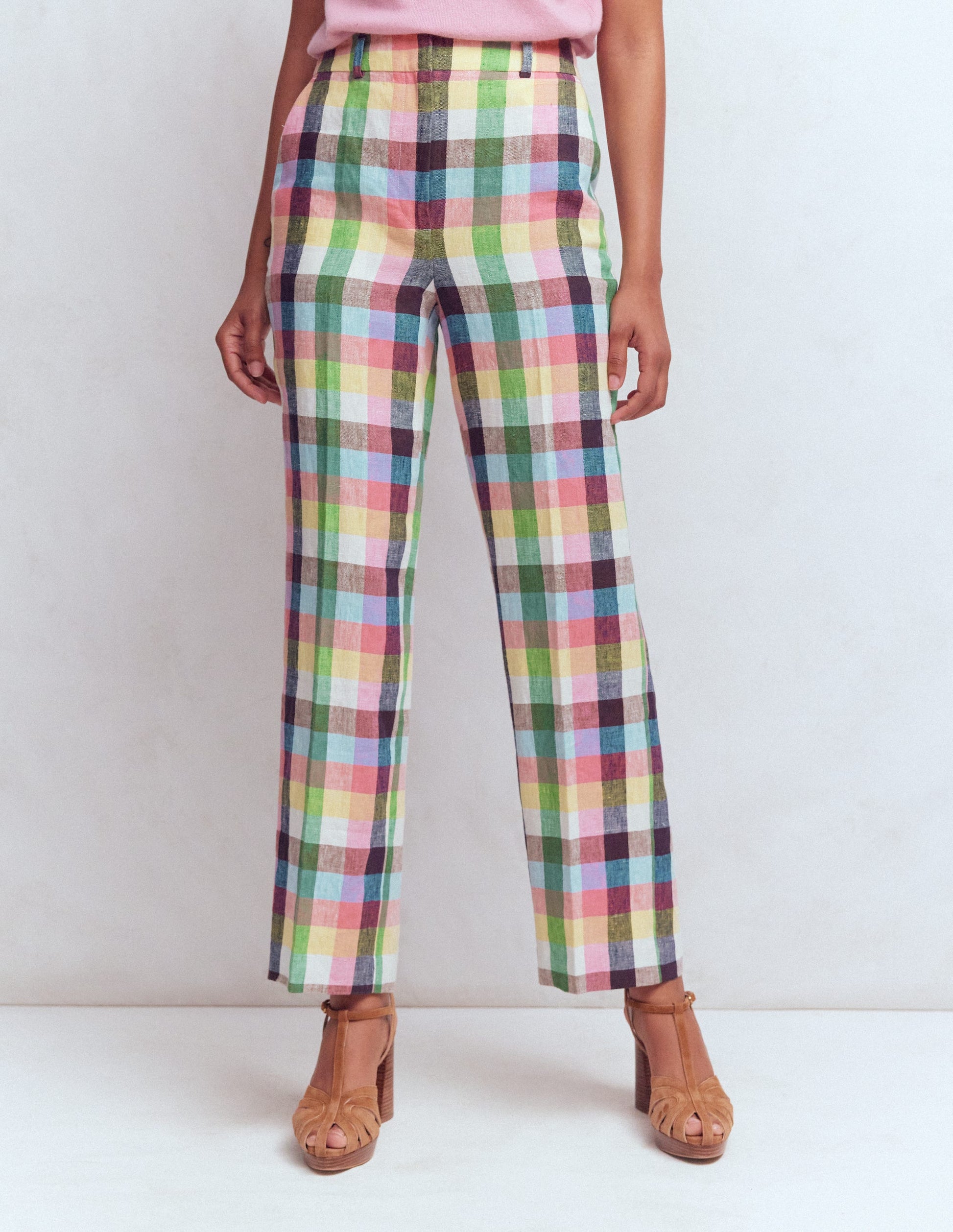 Canonbury 7/8 Linen Trousers-Soft Yellow, Pink Multigingham-4