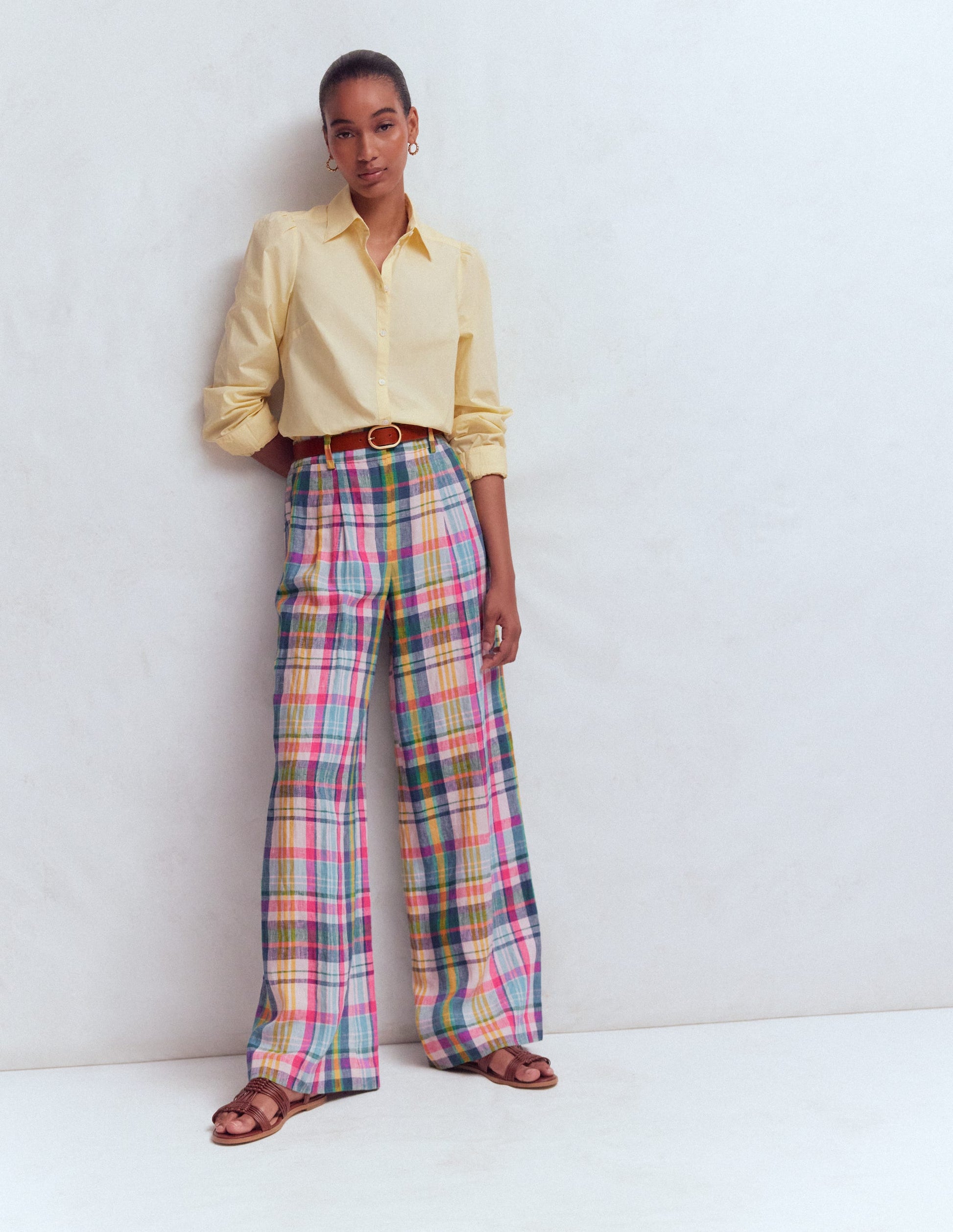 Kensington Linen Trousers-Blue, Pink and Green Madras-3