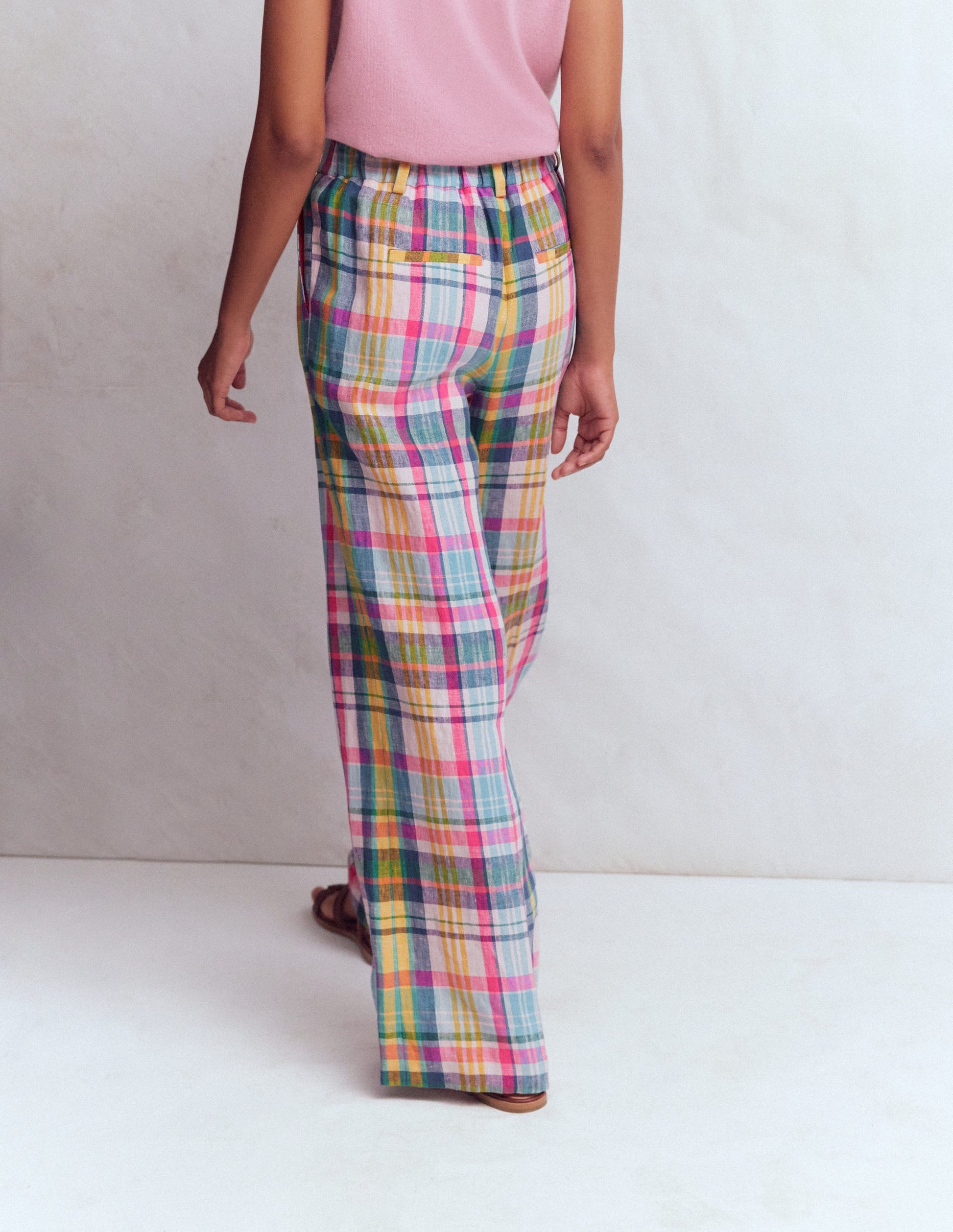 Kensington Linen Trousers-Blue, Pink and Green Madras-5