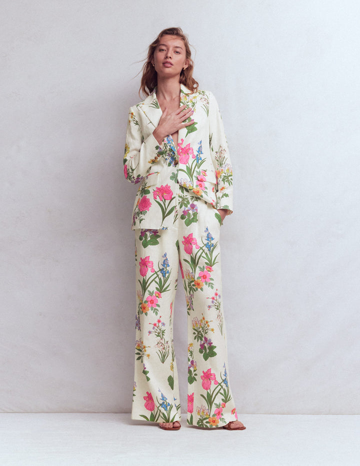 Kensington Linen Trousers-Ivory, Delicate Blossom