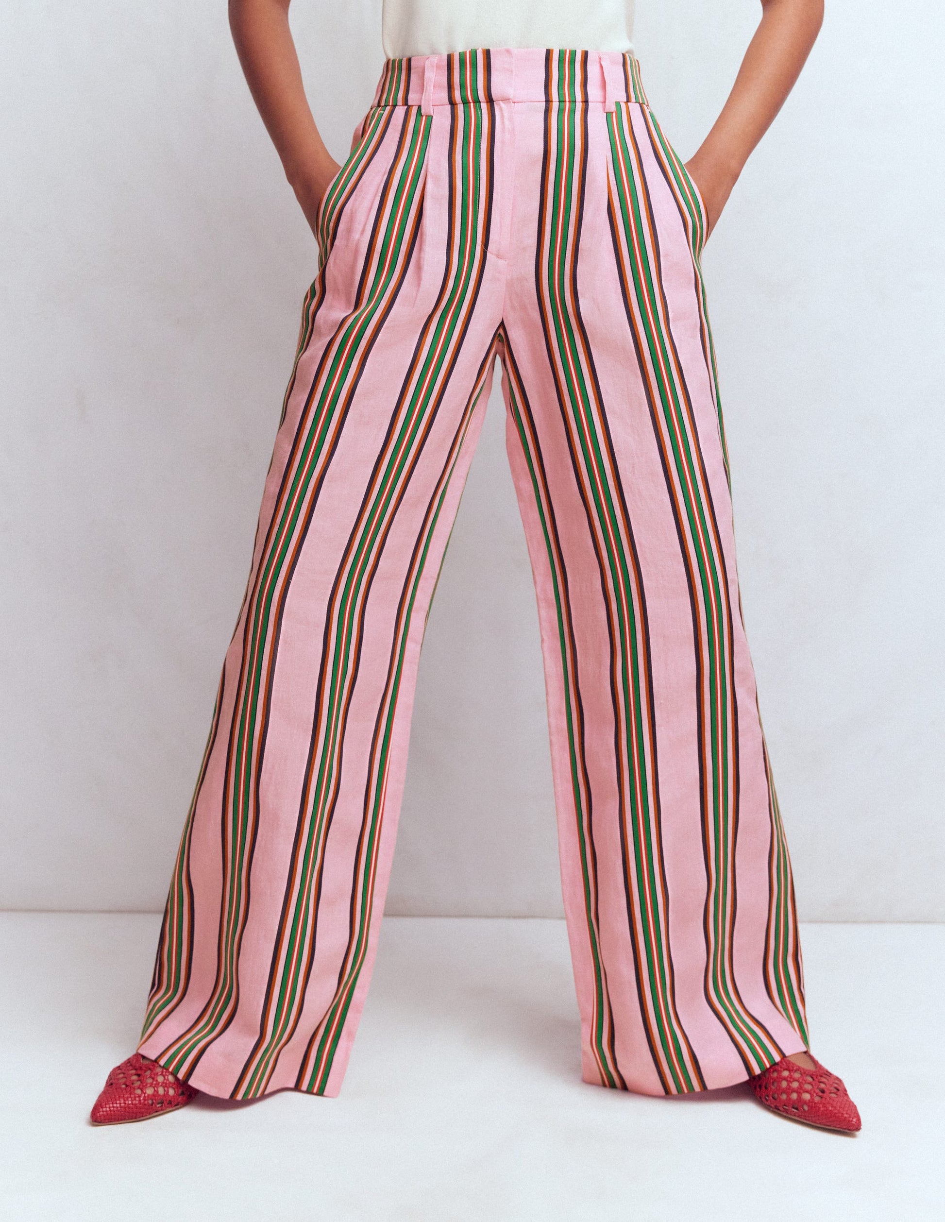Kensington Linen Trousers-Pink and Green Stripe-5