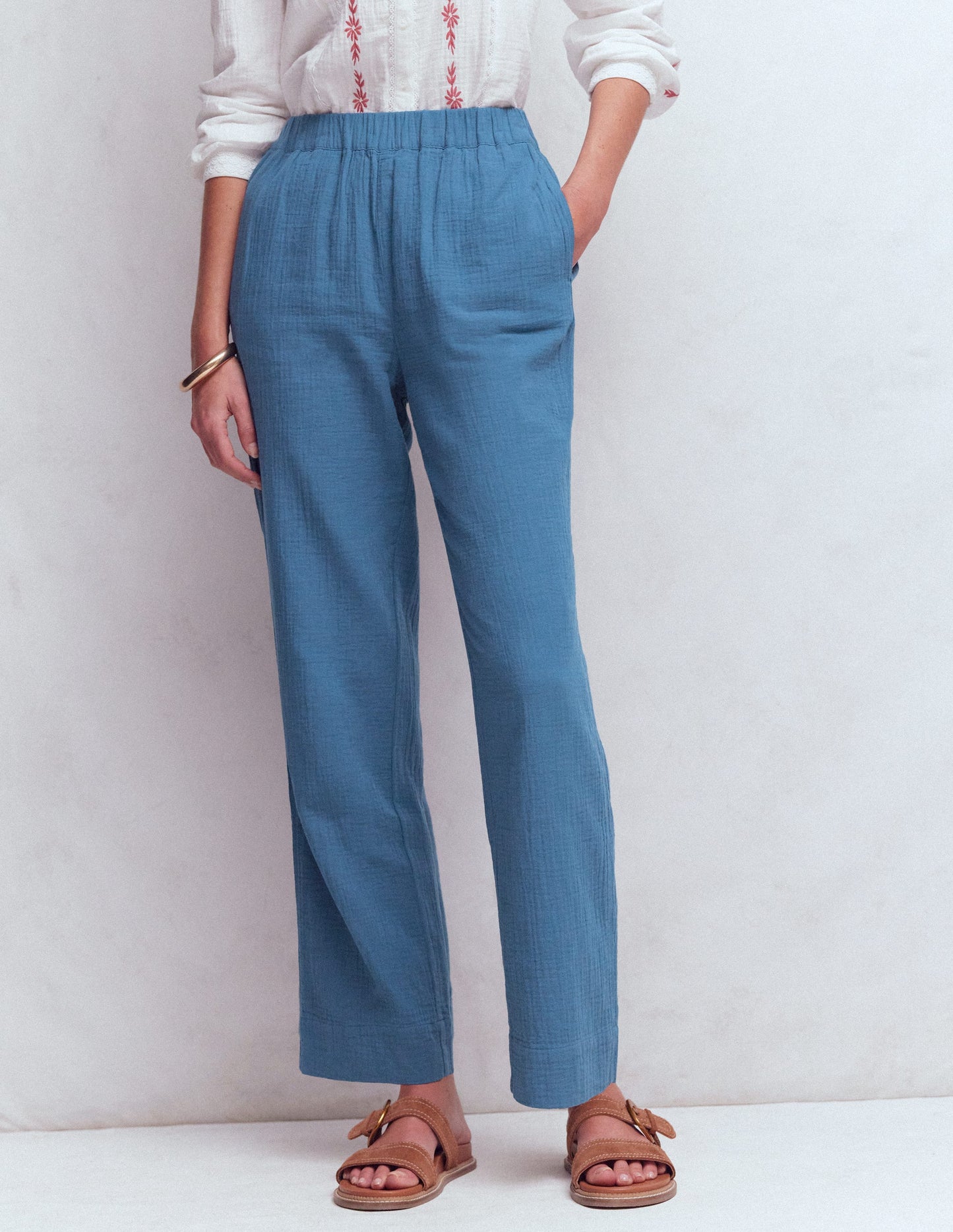 Pull-on Double Cloth Trousers-Tourmaline Blue
