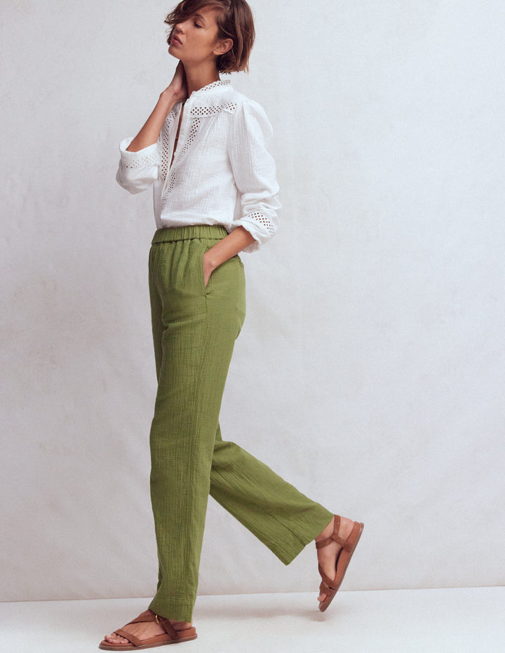 Pull-on Double Cloth Trousers-Olive Green