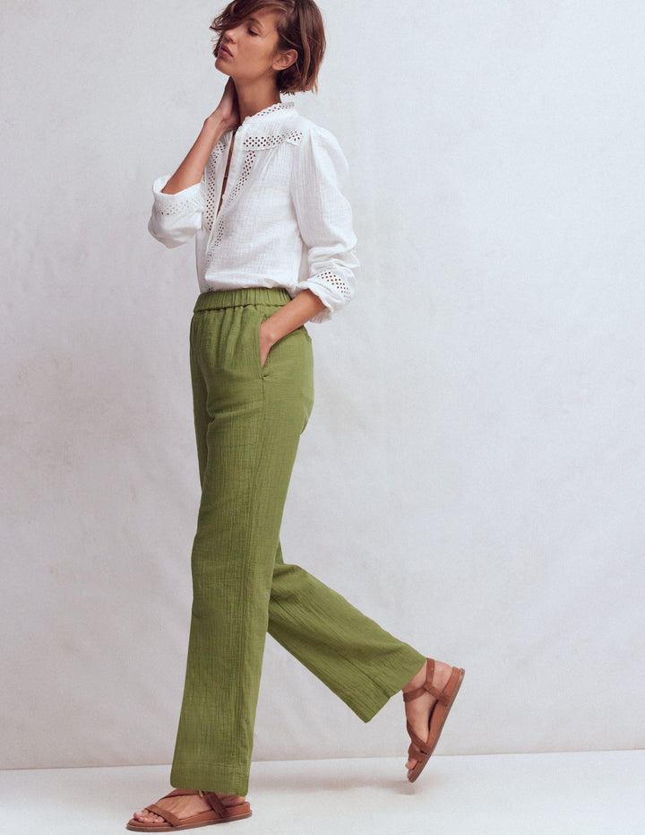 Pull On Double Cloth Trousers-Olive Green
