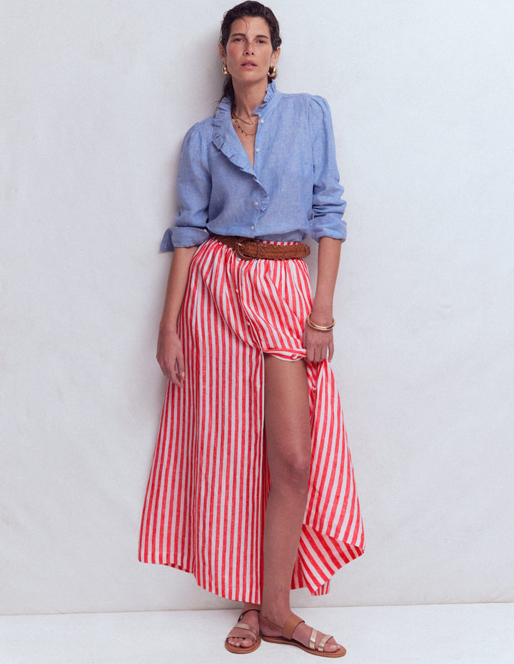 Emma Linen Maxi Skirt-Bright Cherry and Ivory Stripe