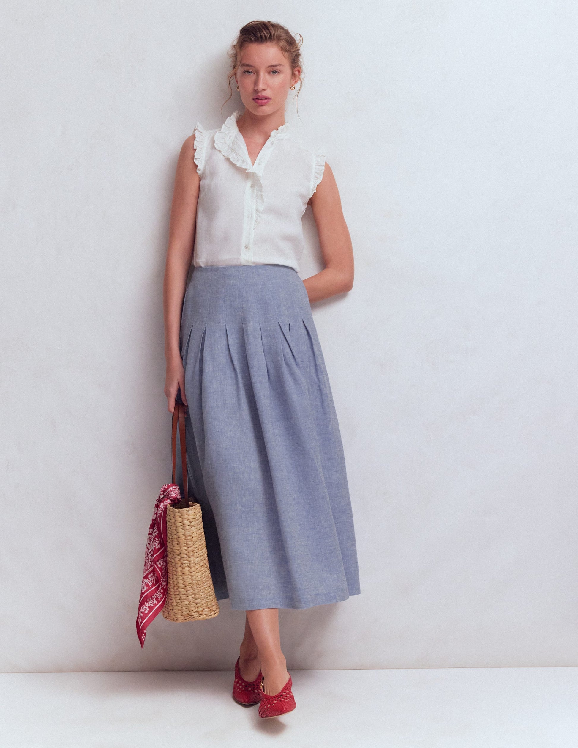 Valentina linen Skirt-Blue Chambray-1