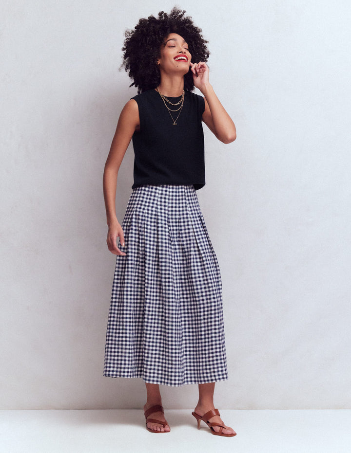 Valentina linen Skirt-Navy and White Check