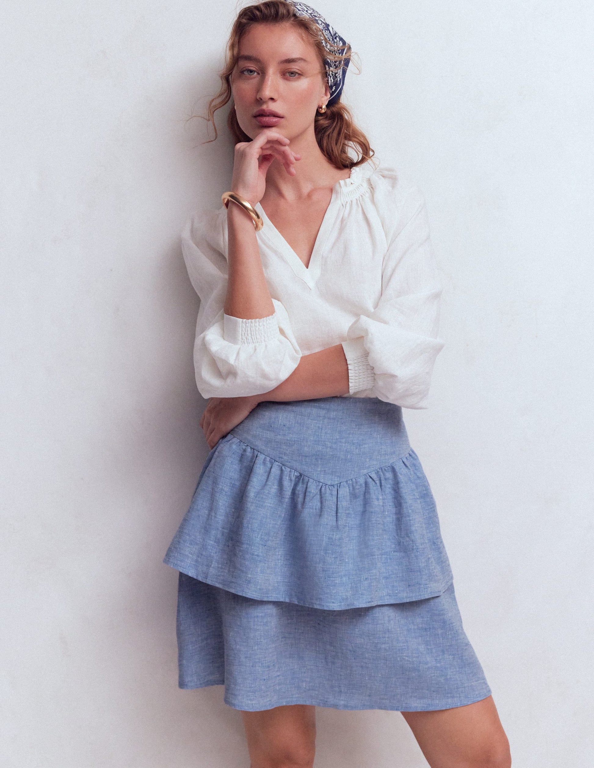 Tiered Linen Skirt-Blue Chambray-1
