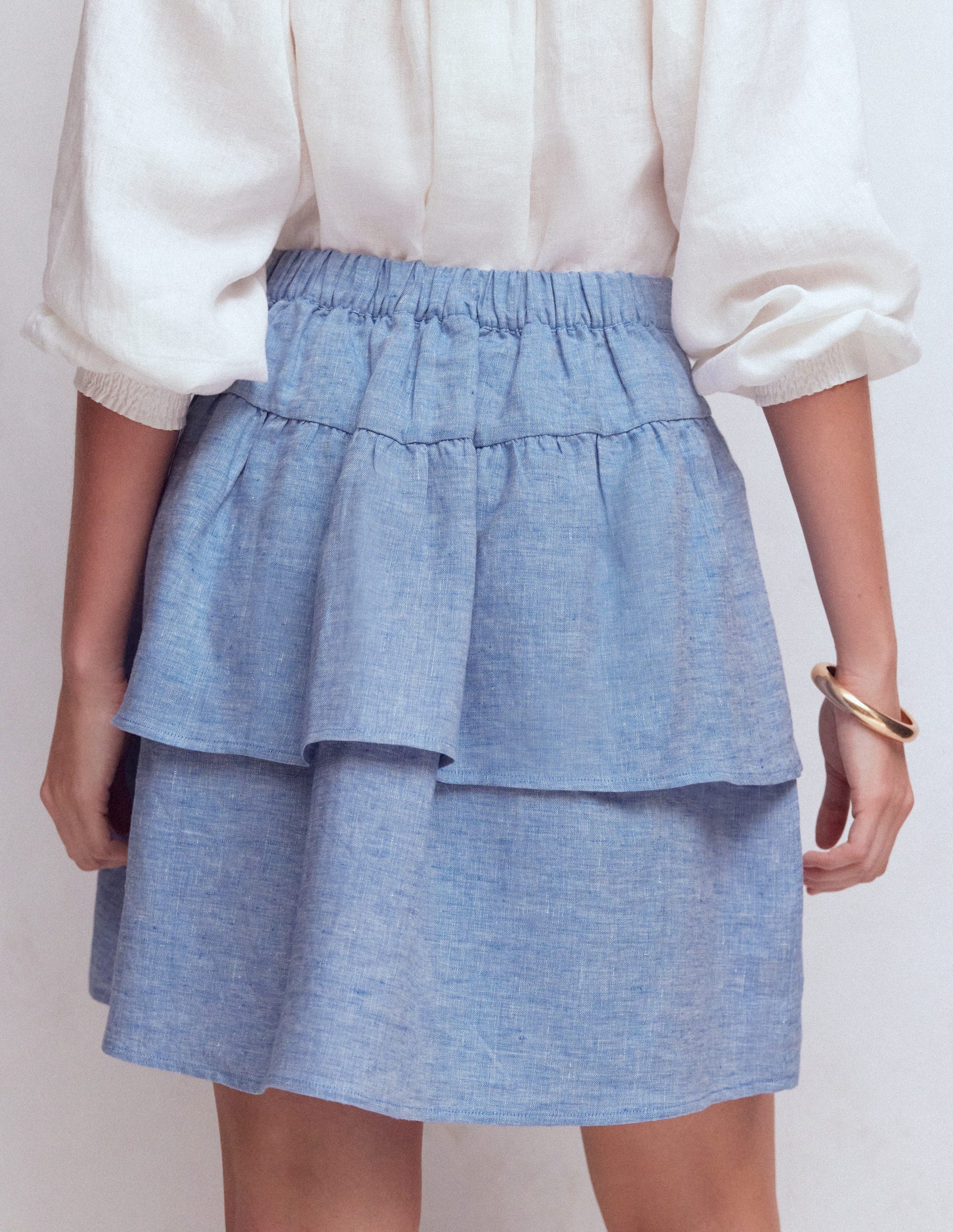 Tiered Linen Skirt-Blue Chambray-3