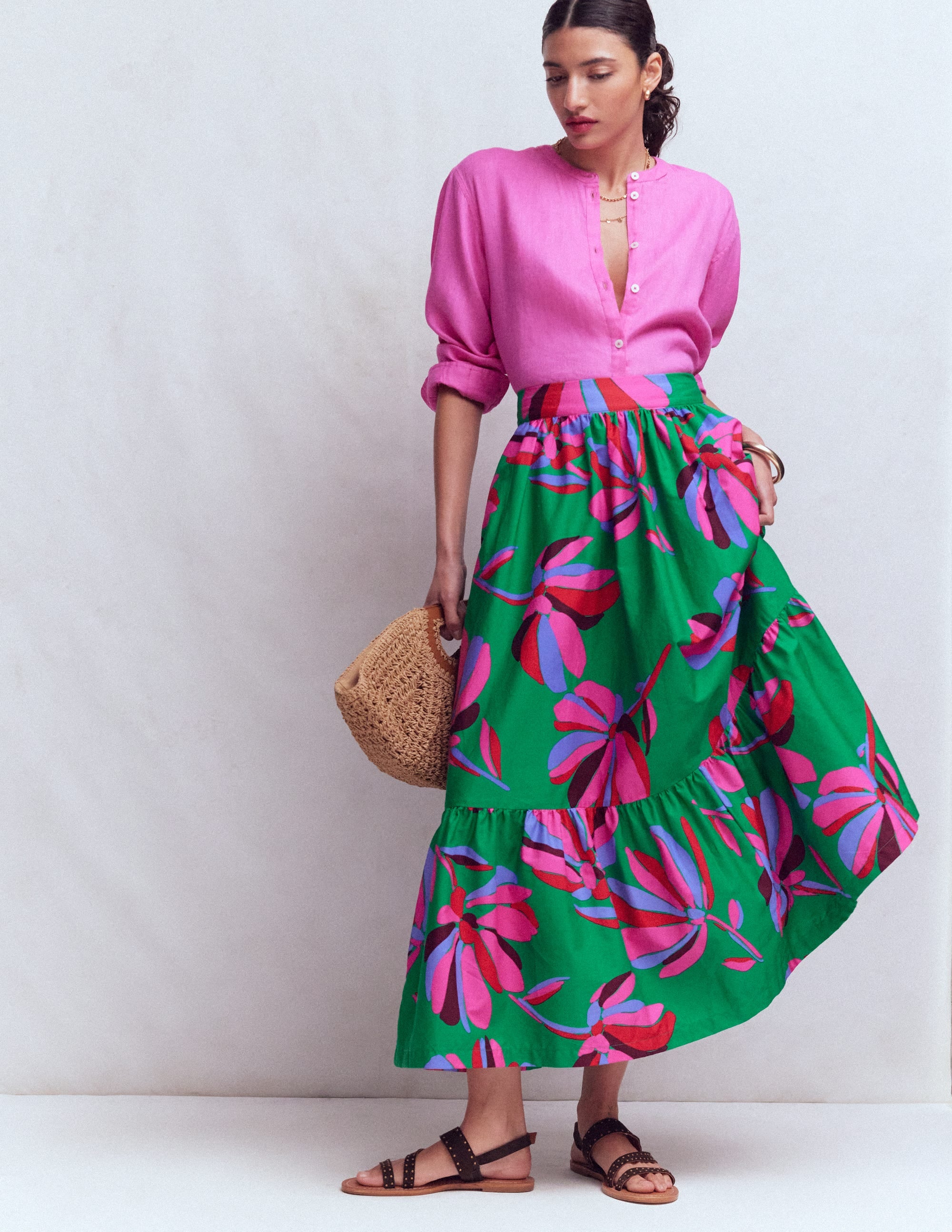 Abigail Poplin Maxi Skirt - Green, Daisy Cascade | Boden UK