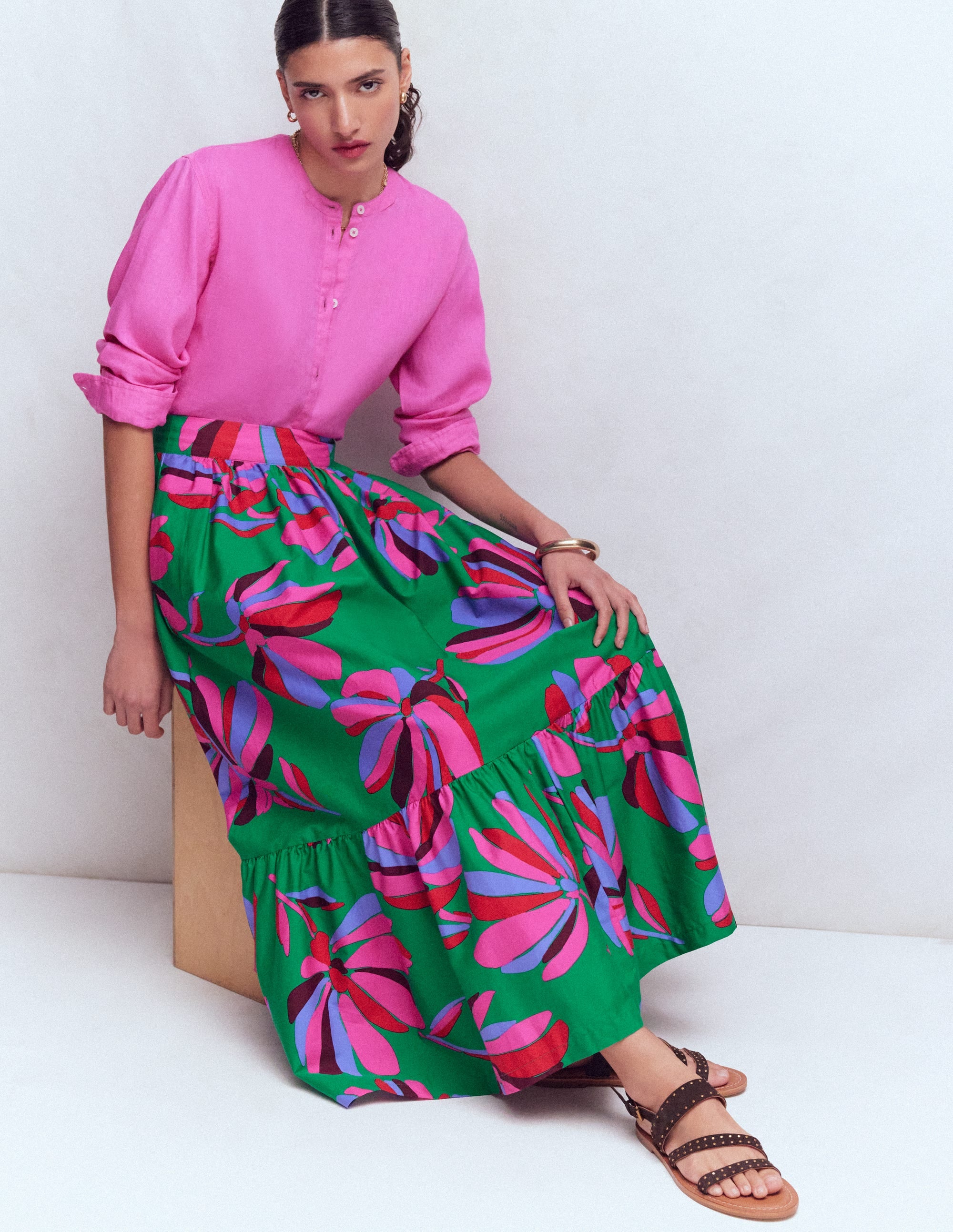 Abigail Poplin Maxi Skirt-Green, Daisy Cascade - Image 5