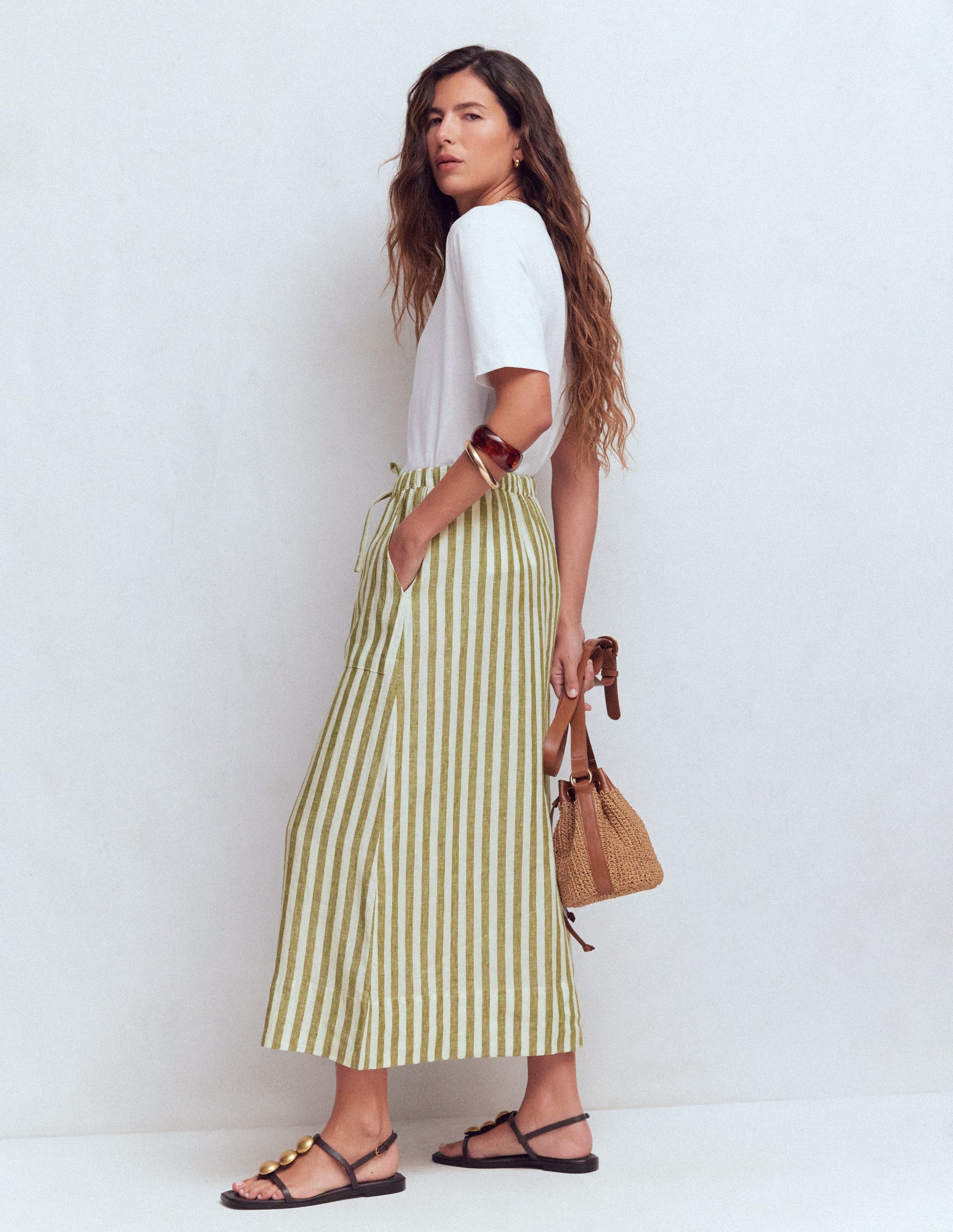 Layla Linen Skirt-Green Stripe-1