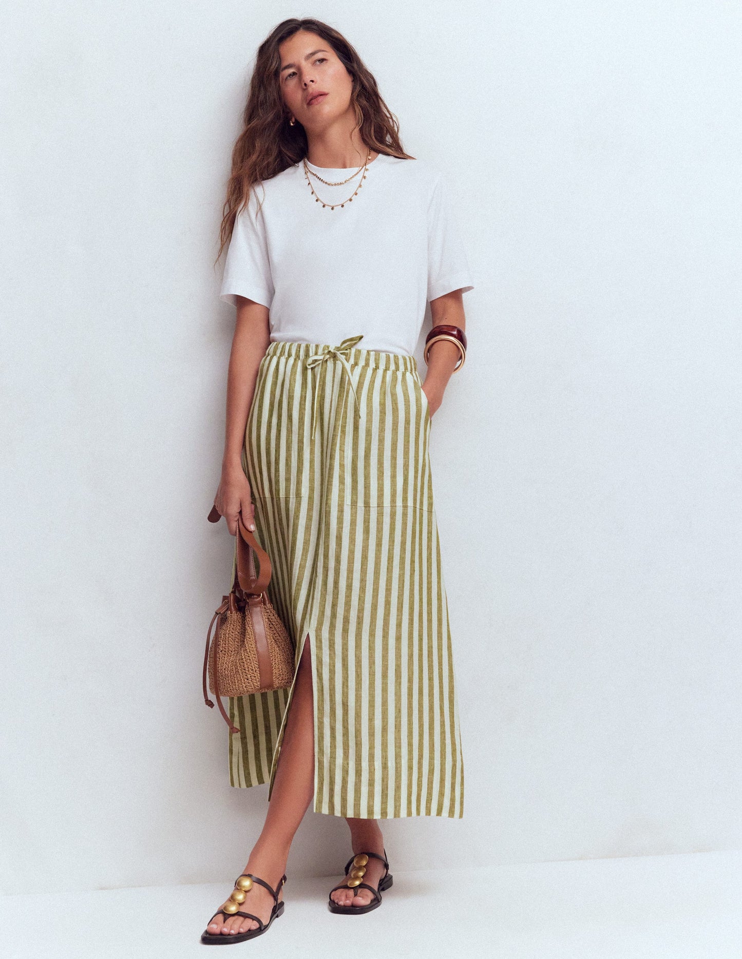 Layla Linen Skirt-Green Stripe