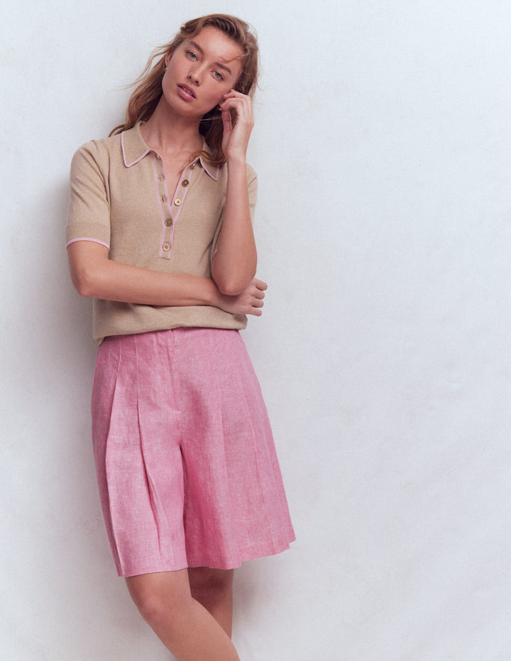 Highbury Pleated Linen Shorts-Meadowsweet Pink Chambray