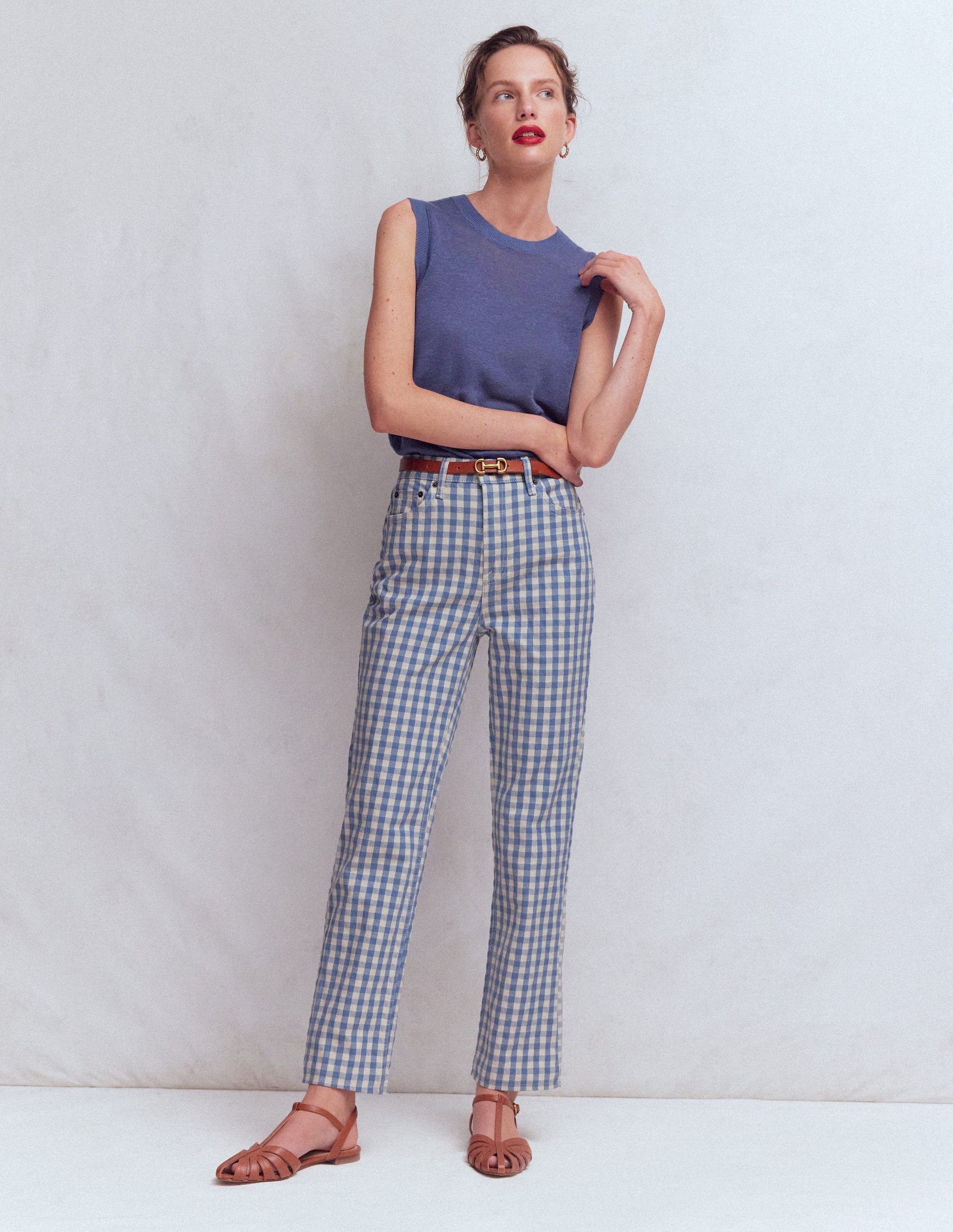 High Rise Straight Jeans-Blue Gingham-1