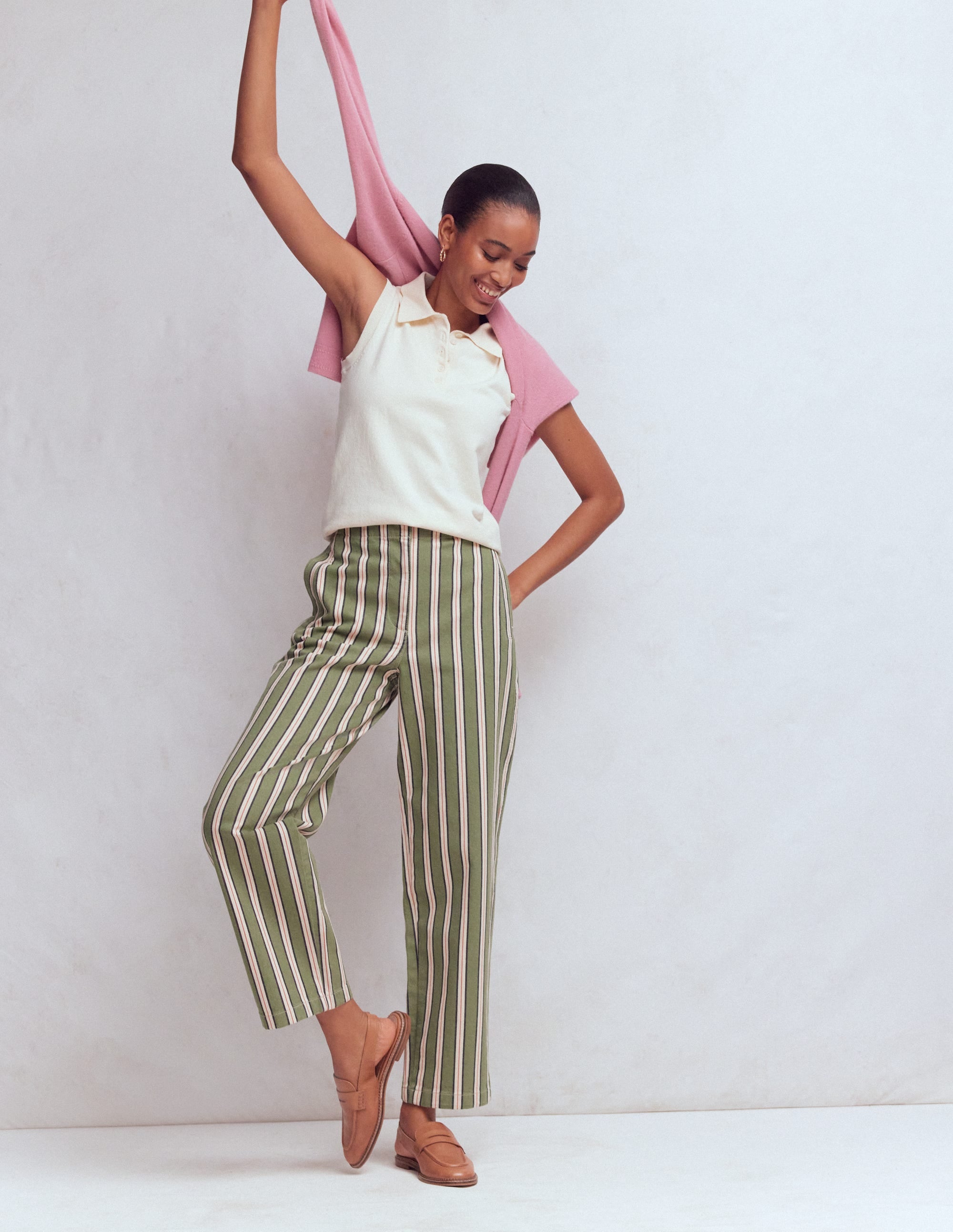Barrel Leg Chino Trousers-Green, Navy, Pink Stripe - Image 1