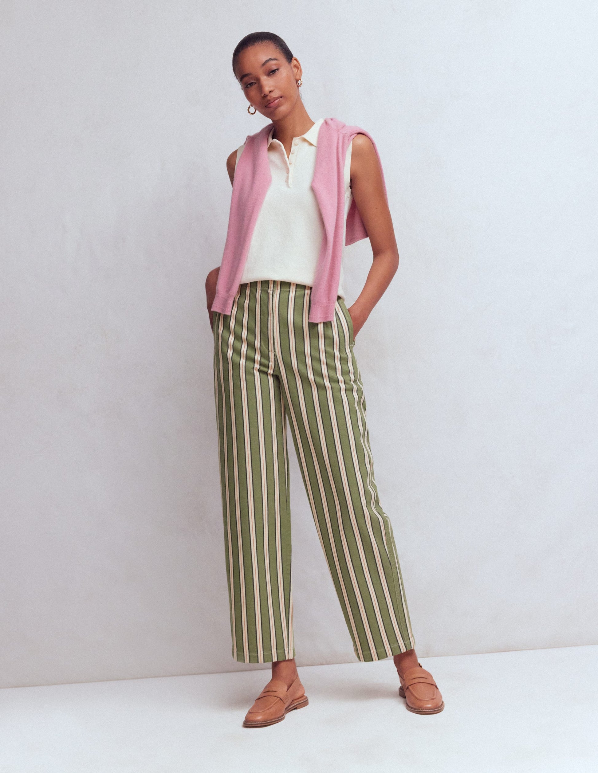 Barrel Leg Chino Trousers-Green, Navy, Pink Stripe-4