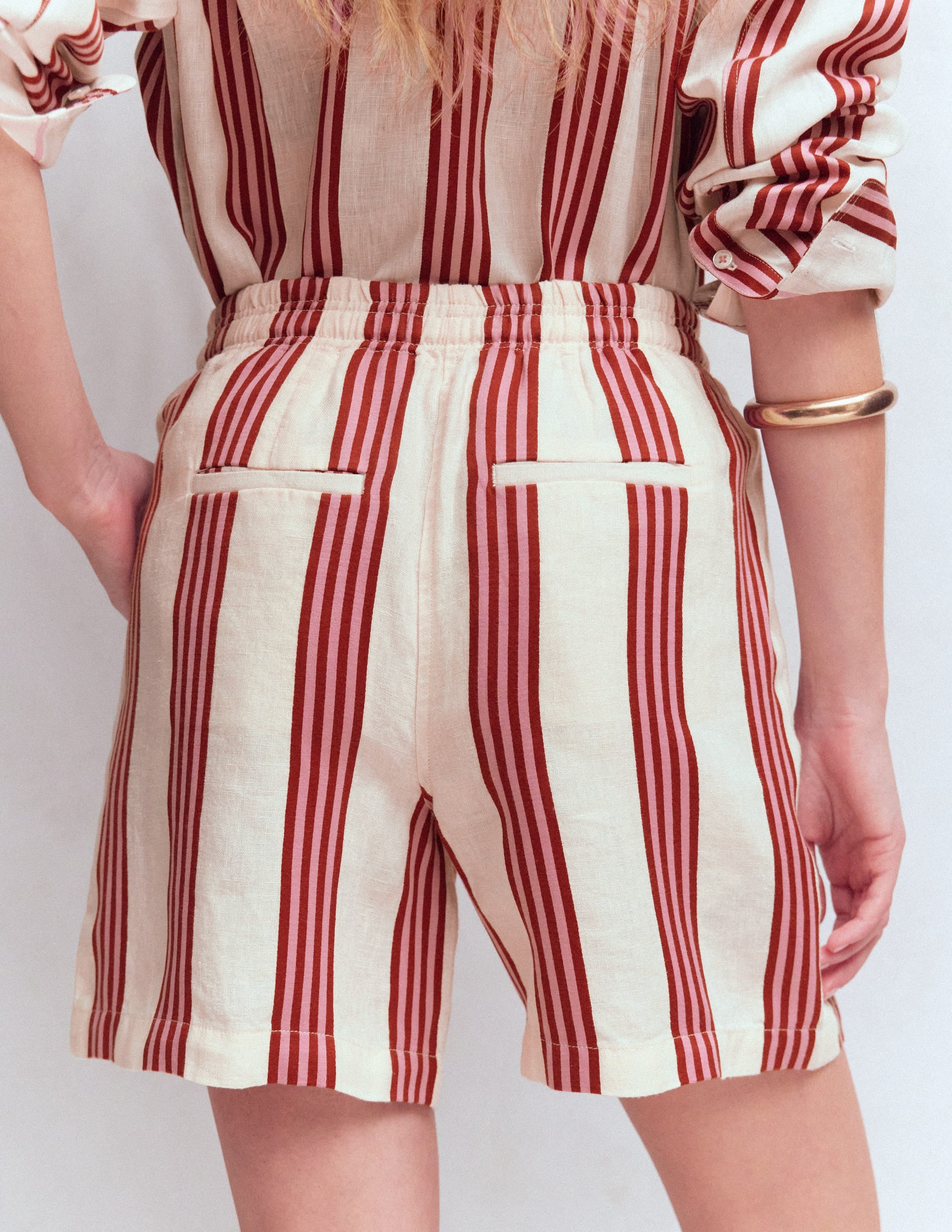 Islington Linen Shorts-Ivory, Brown, Pink Stripe - Image 3