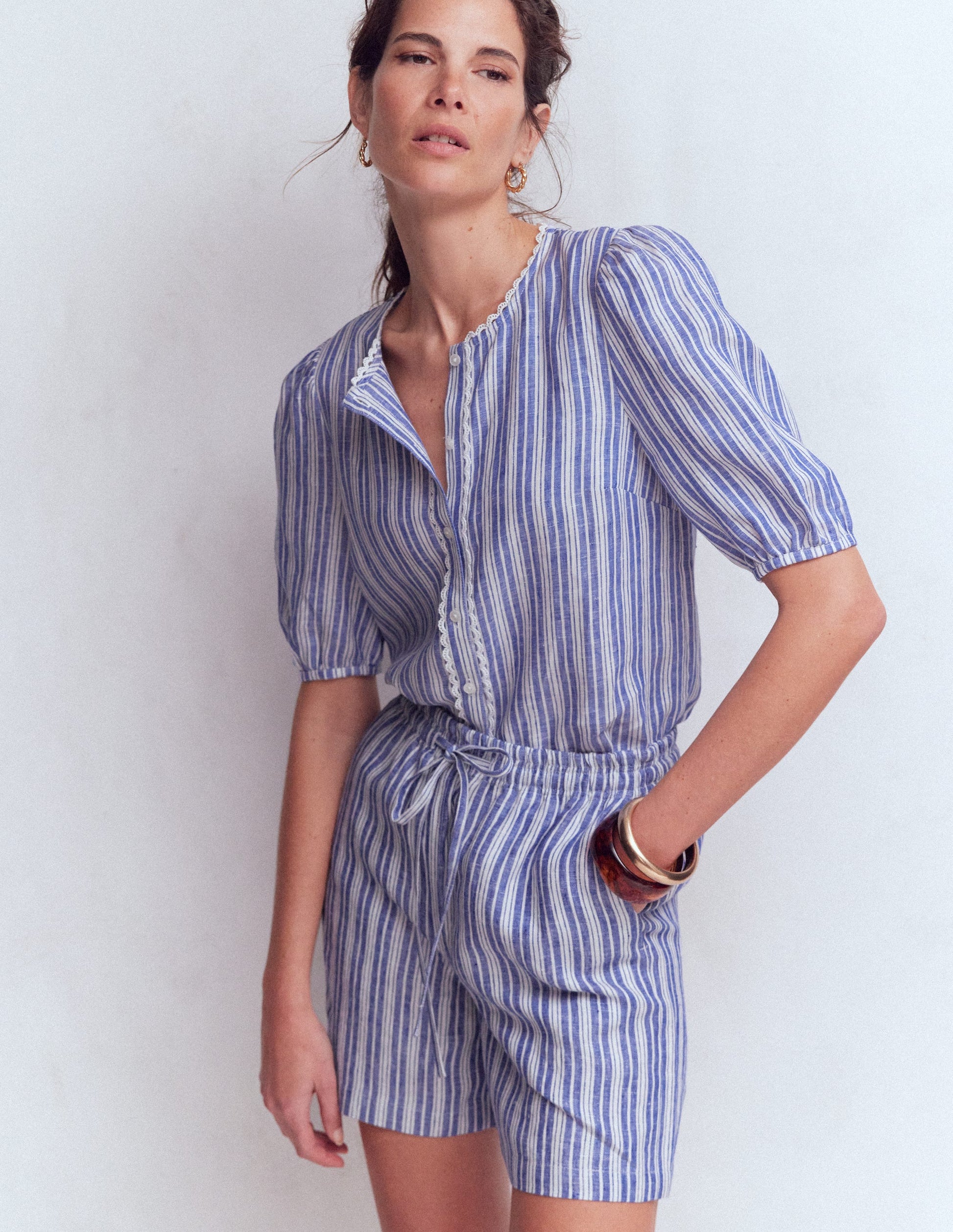 Islington Linen Shorts-Bright blue Stripe-4